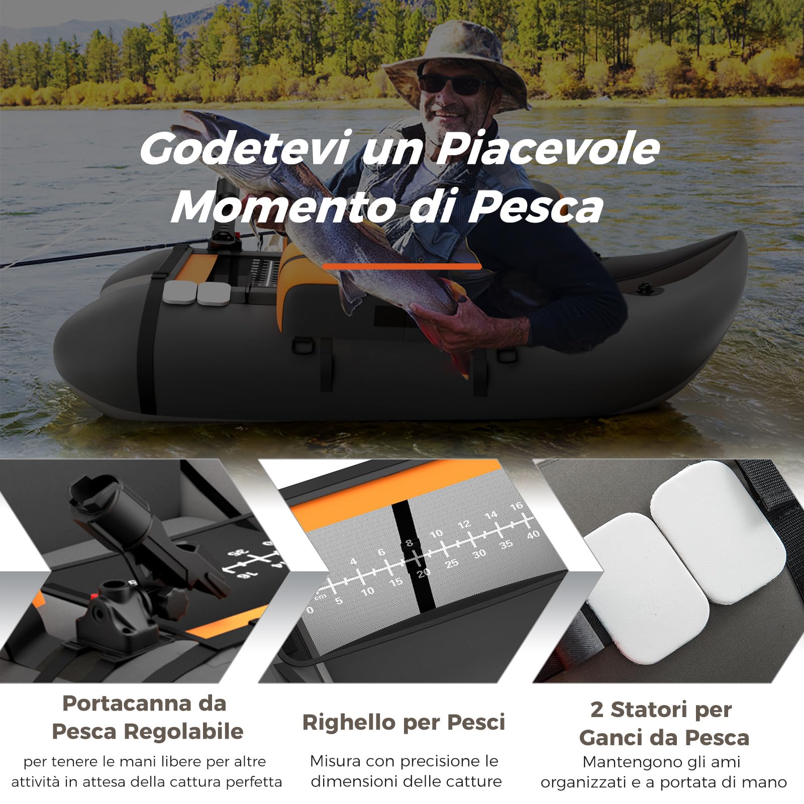 GYMAX GYMA Gommone da Pesca Gonfiabile, Barca da Pesca Portatile a Mosca con Cinghie Regolabili, Portata 160 kg, Pompa, Righello per Pesci, Tasche Portaoggetti, Pagaia, Supporto