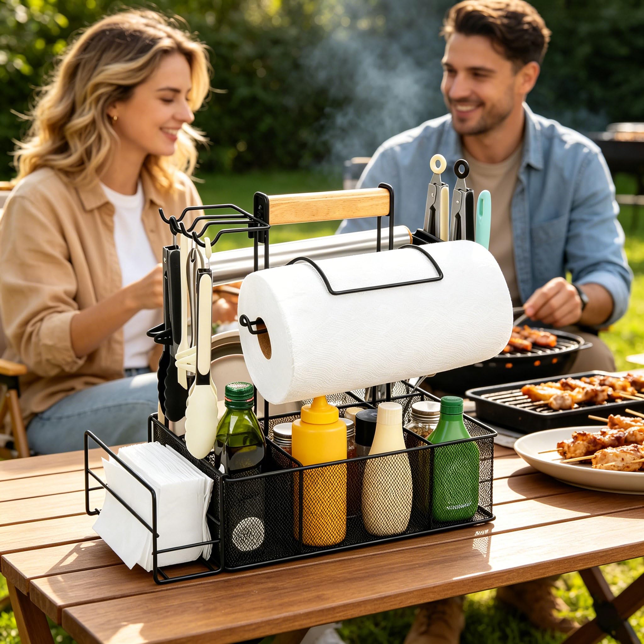 Robusto portautensili per Barbecue in Metallo con 6 sezioni e Ganci per riporre Attrezzature da Cucina all ' Aperto Rastrelliera per condimenti per Barbecue con Ganci