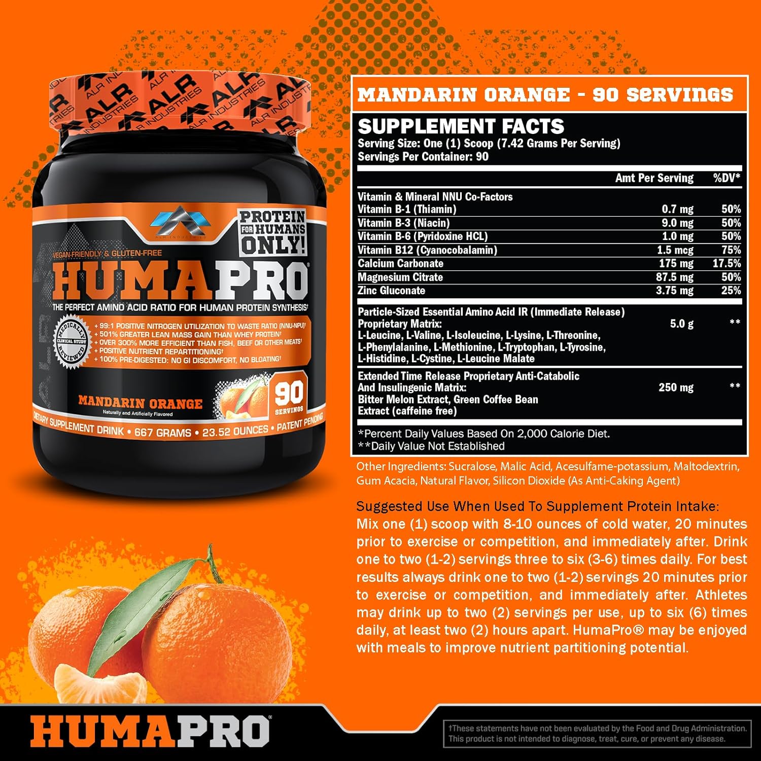 ALR Industries HumaPro Essential Amino Acid Formula | EAA Protein Supplement | Supports Muscle Recovery & Performance | Vegan, Gluten Free | | 90 Servings (Mandarin Orange)