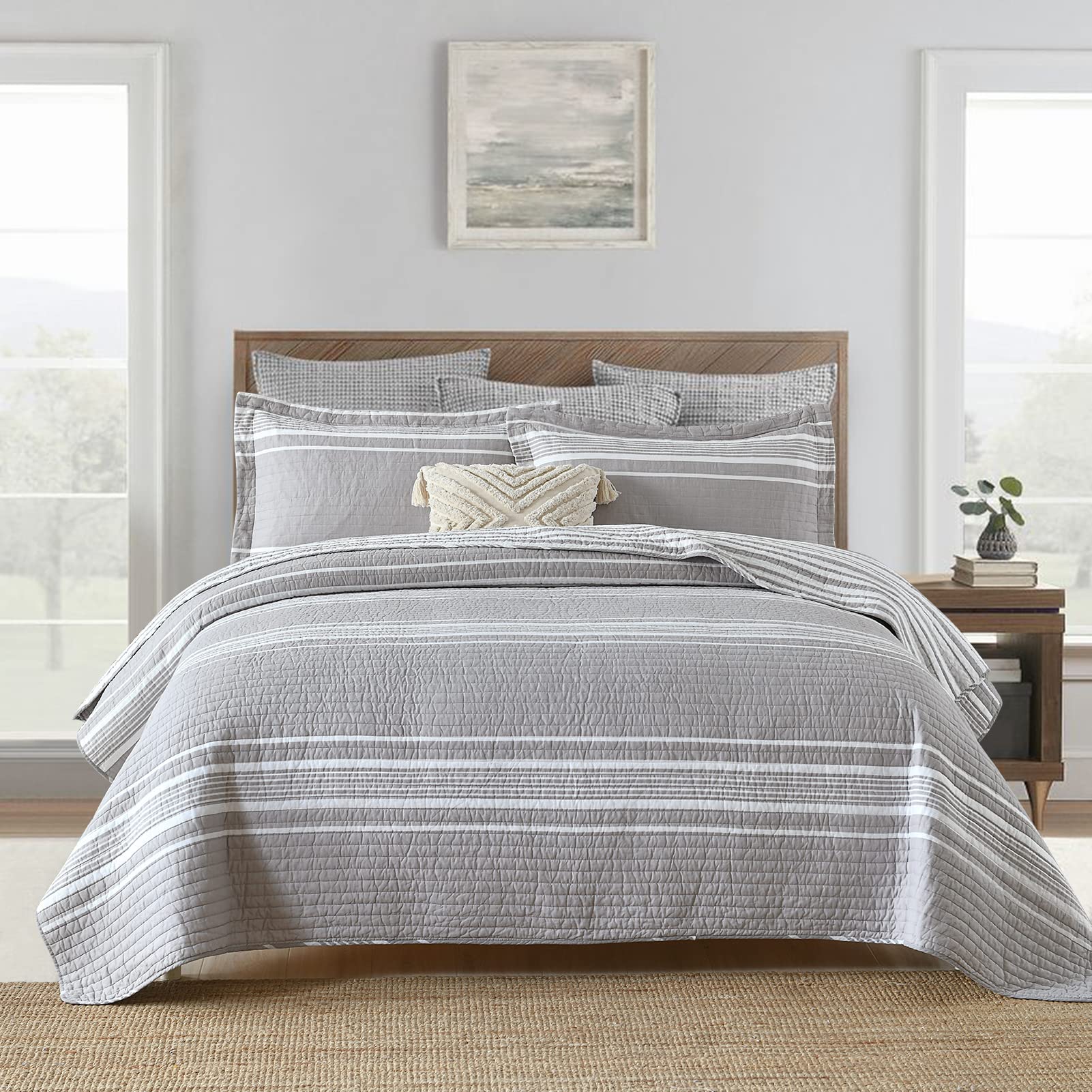 PERHOM Quilt King Size Gray White Stripe King Quilt, 100 Cotton