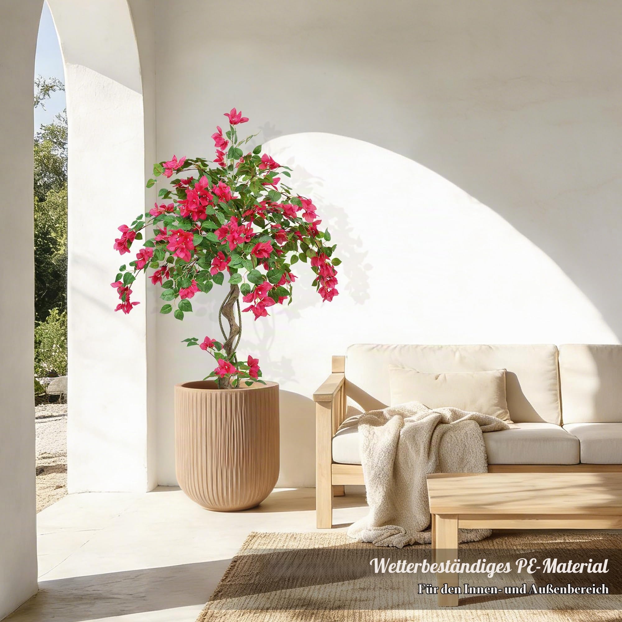 Kunstpflanze wie echt Künstlicher Bougainvillea Baum im Topf 140cm | Künstliche Pflanzen Groß mit Blüten, UV-beständige PE Blätter, Kunstbaum Wetterfest für Wohnzimmer Eingang Flur Balkon Garten