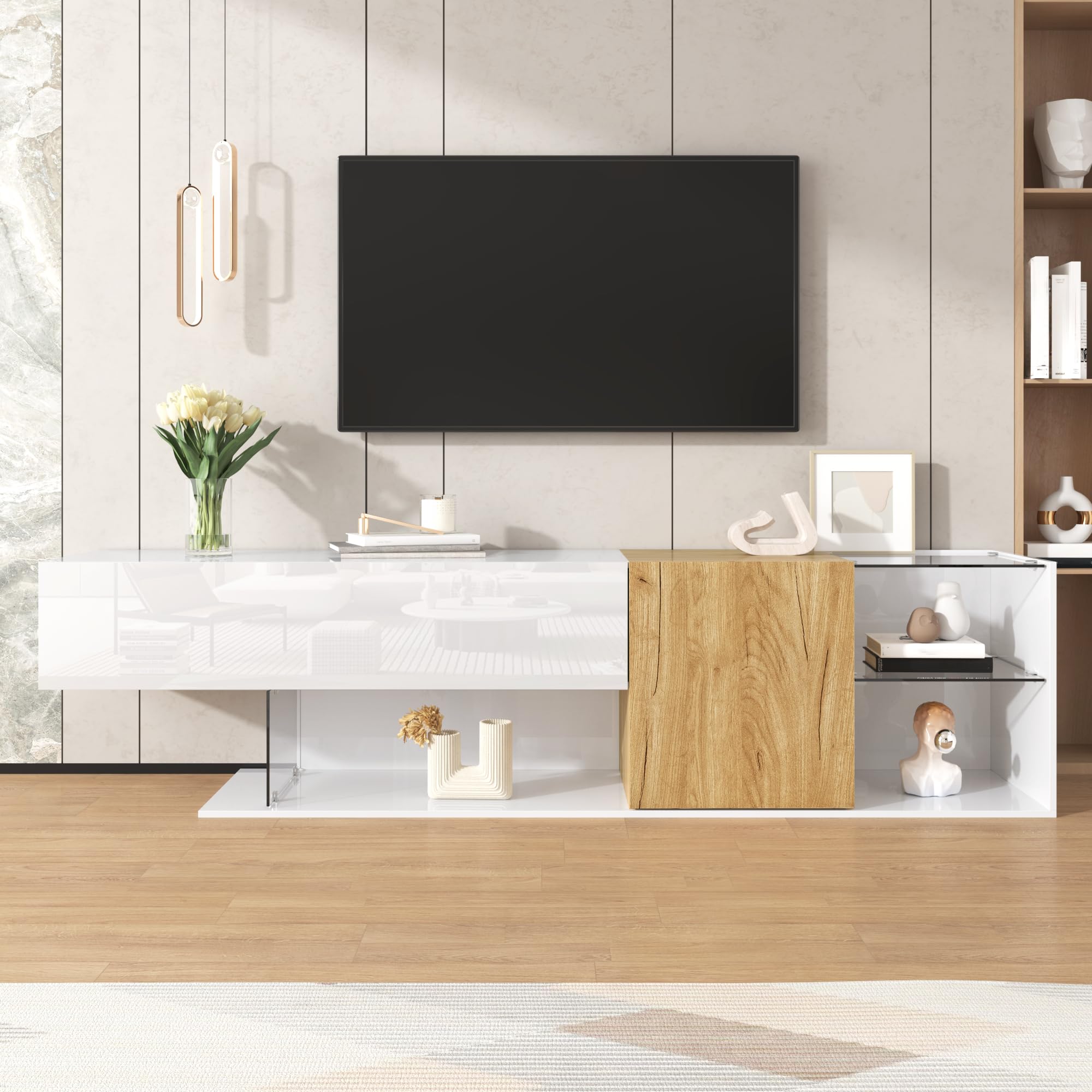 Mobile TV Moderno Bianco Lucido Con Effetto Legno E Ripiani In Vetro, 180 Cm - Per Soggiorno Elegante E Funzionale