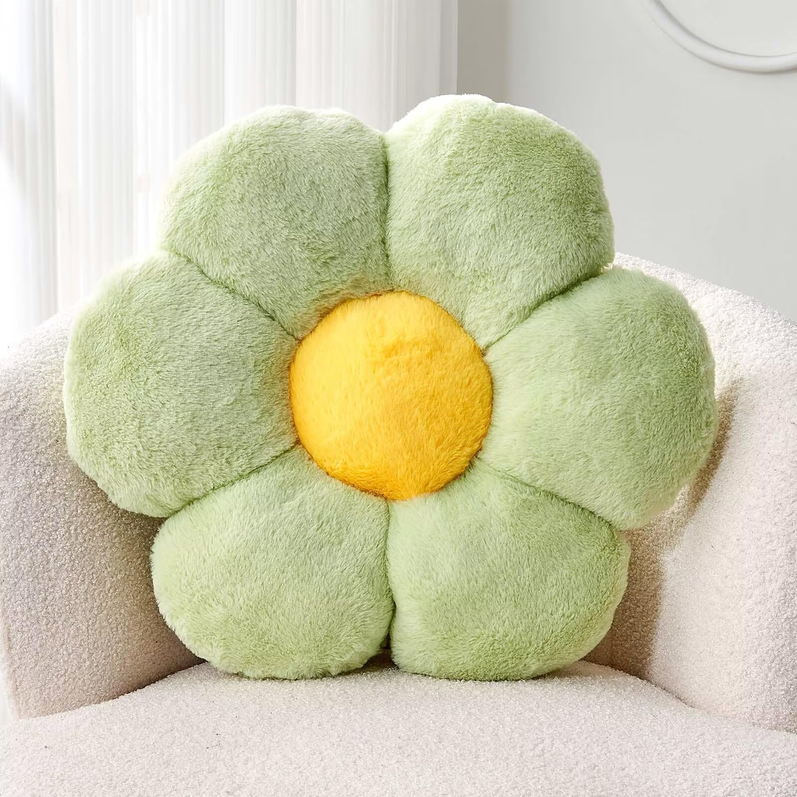 Kcvvcr Green Flower Shaped Throw Pillow with Faux Rabbit Fur, 14.9" Soft Plush Throw Pillow for Bedroom Living Room