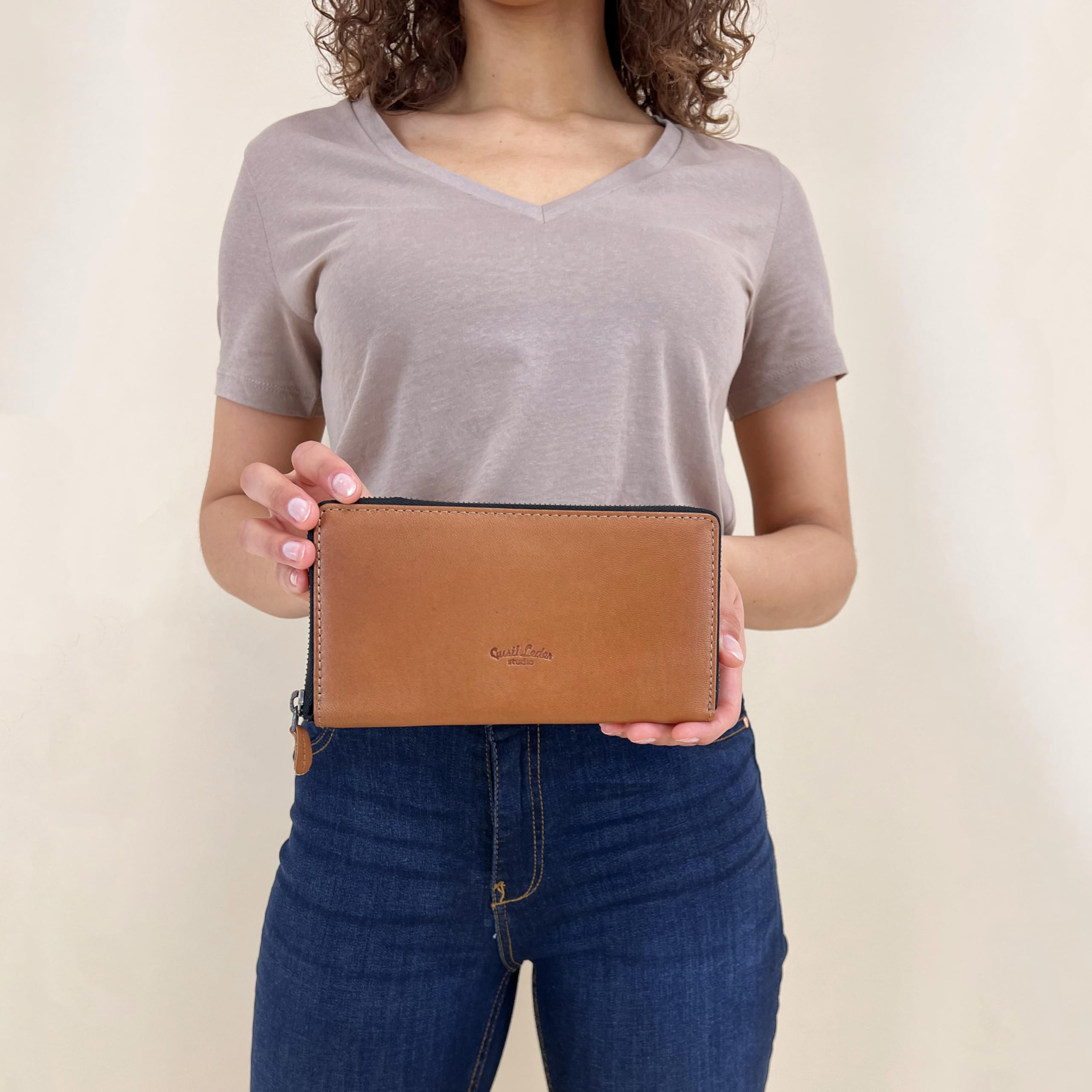 Gusti Cartera de Piel - Cara RFID Billetera Apaisada con Protección RFID Monedero con Muchos Compartimentos para Mujer Avellana Marrón Cuero