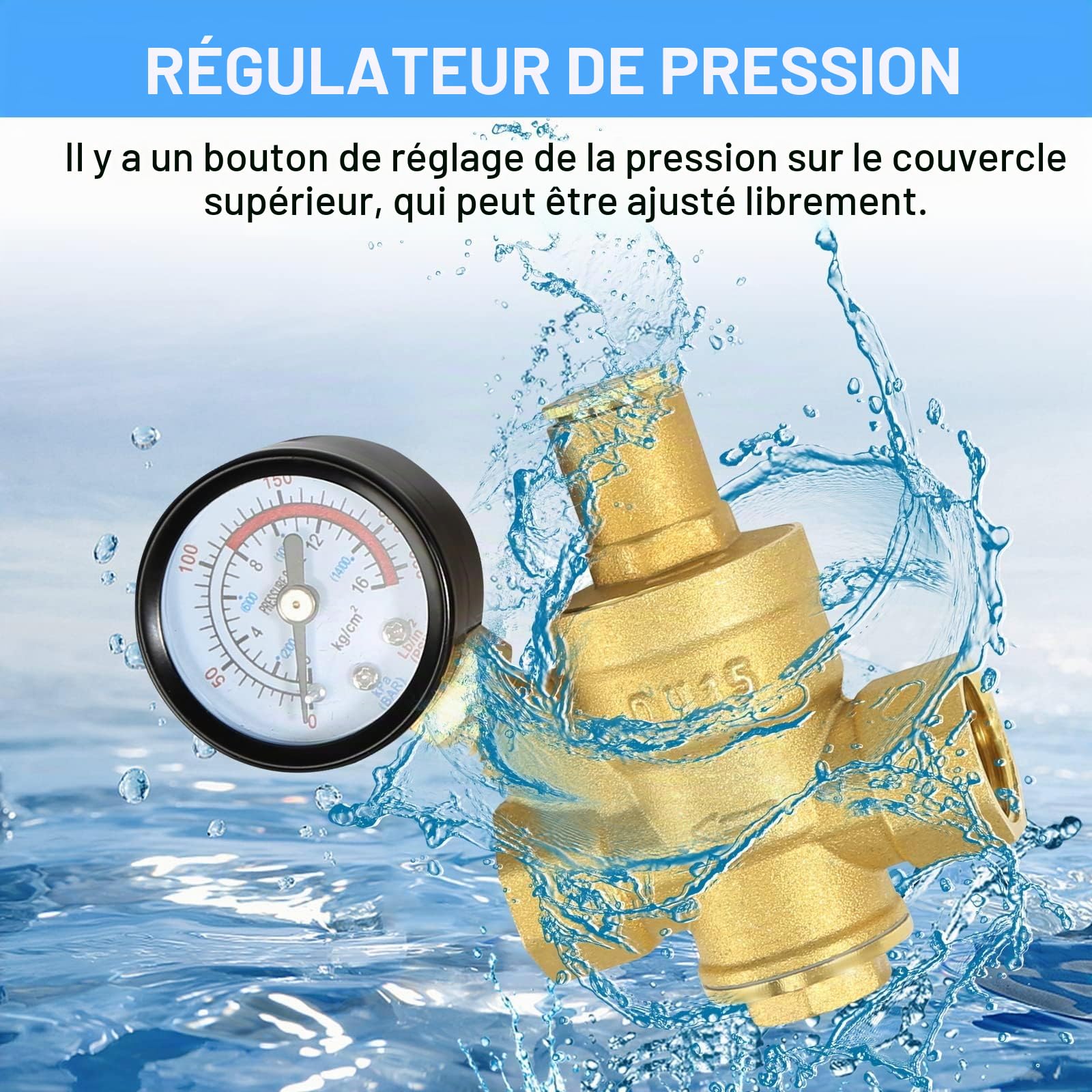 Reducteur de Pression eau DN15 1/2 Pouce Avec Manometre Pression eau, Fabriqué 100% en Laiton de Haute Dureté, Réducteur de Pression d'eau Limiteur de Pression Arrosage Regulateur de Pression d eau