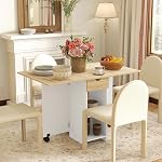 HOMCOM Folding Dining Table with Drawer and Storage Shelves, Space Saving Drop Leaf Table for Kitchen, Dining Room, Living Room, Oak