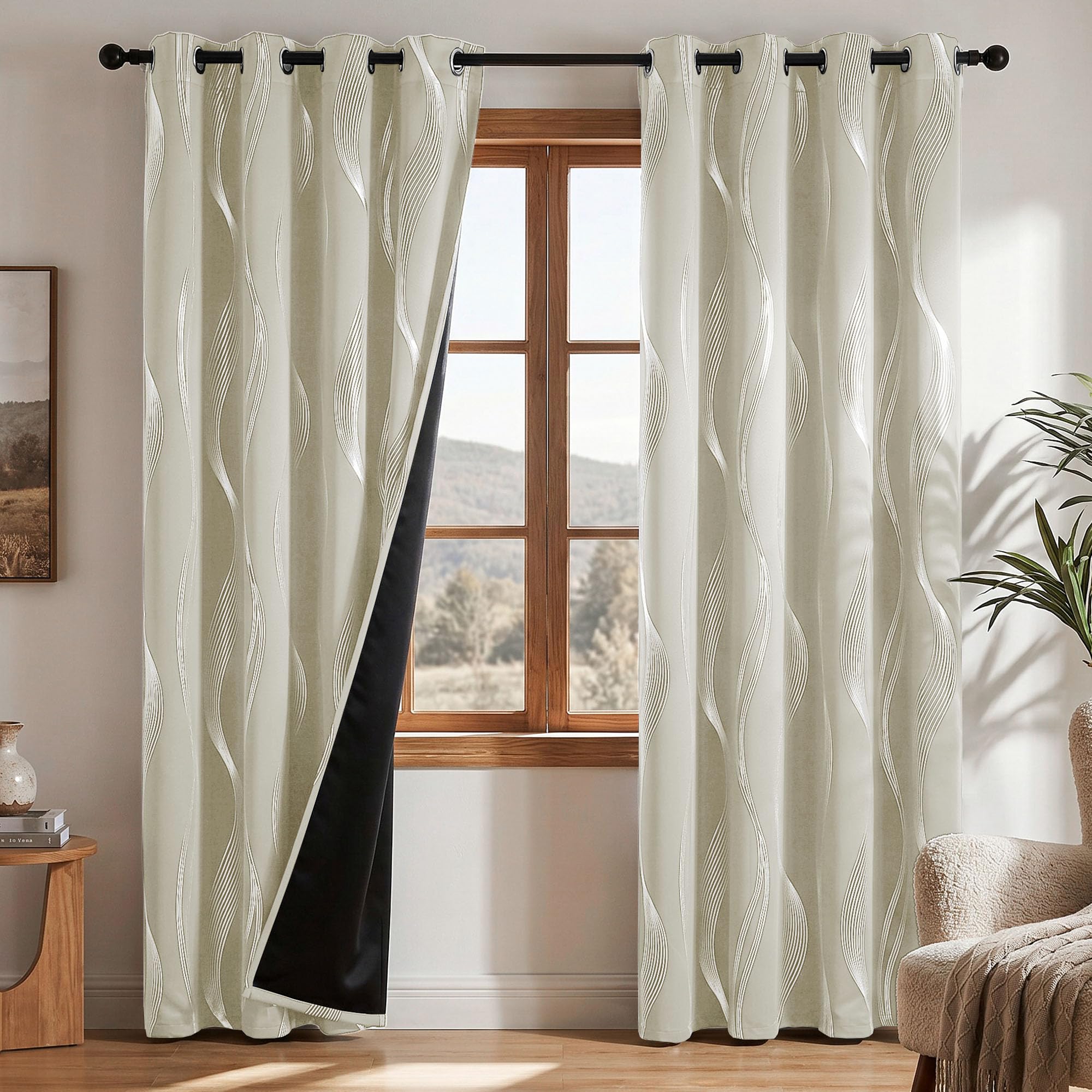 Deconovo Total Blackout Curtains 90 Inch Silver Wave Line Foil Printed Thermal Eyelet Curtains for Living Room Light Beige W66 x L90 2 Panels