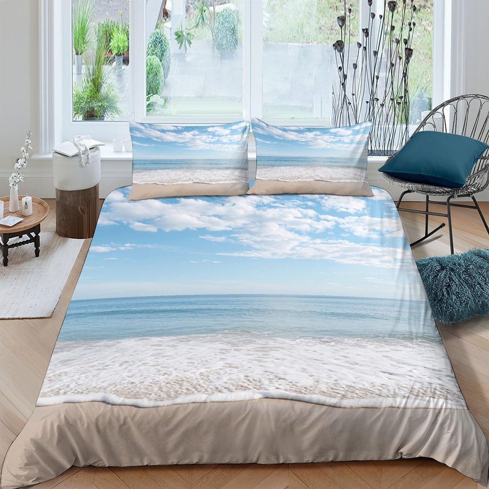 Ctjqhvkz Style-5 3D Printed Seaside Beach Fitted Sheet Microfiber Soft Sky Clouds Mattress Cover For Bedroom Guest Room Decor Single（135X200cm）