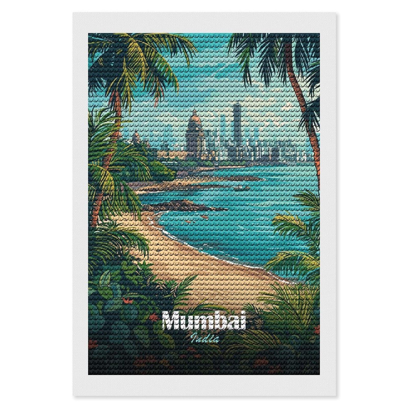 Junmoney Mumbai Cityscape with Beach DIY Diamond Art Canvas Kit 8"x12", for Teens, Finish and Display, Holiday Gift Idea, Vintage Style Decor