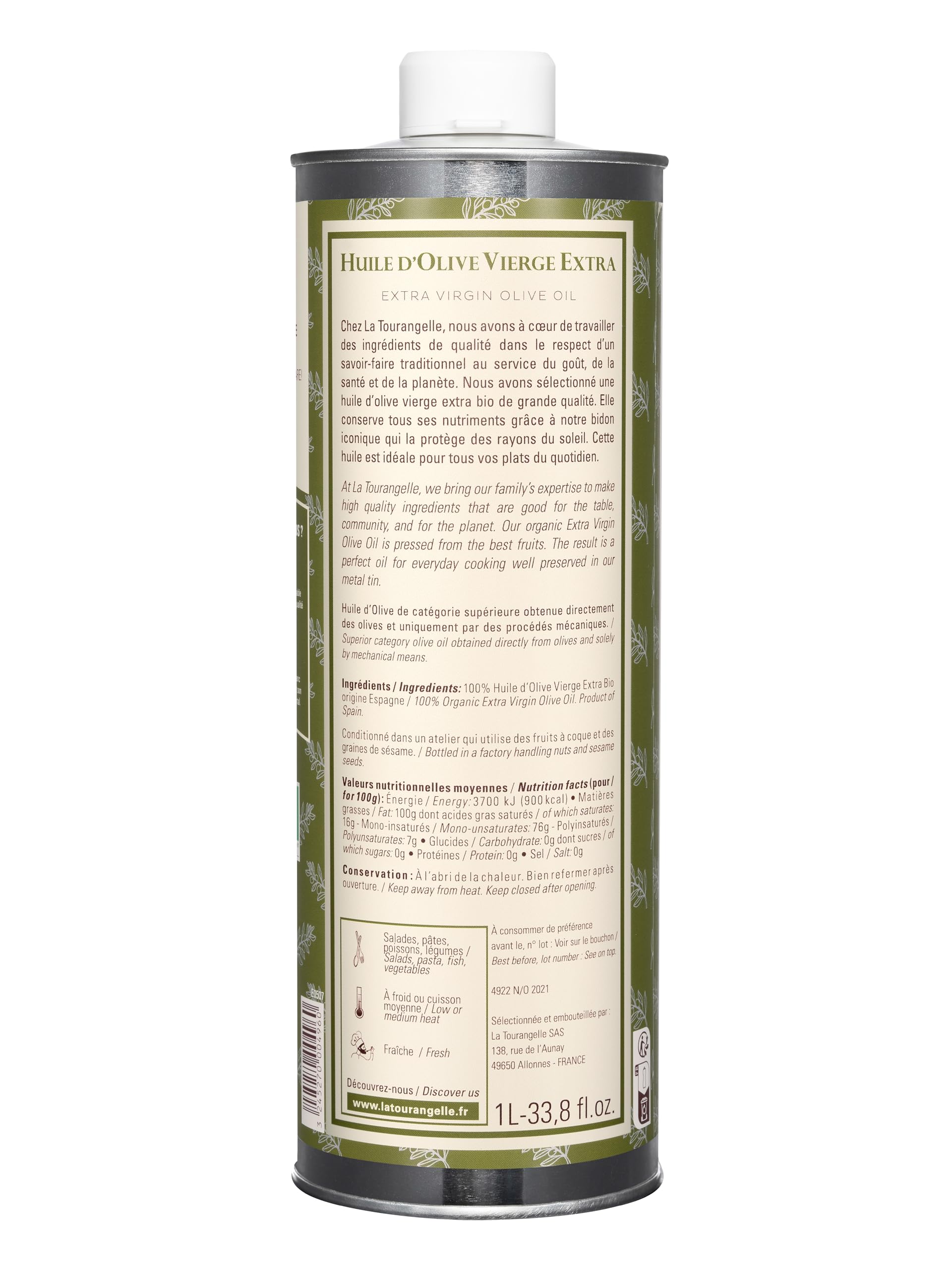 La Tourangelle - Huile d'olive vierge extra Bio - Extraite à froid - 100% origine Espagne - Riche en polyphénols - Huile de qualité supérieure - 1L