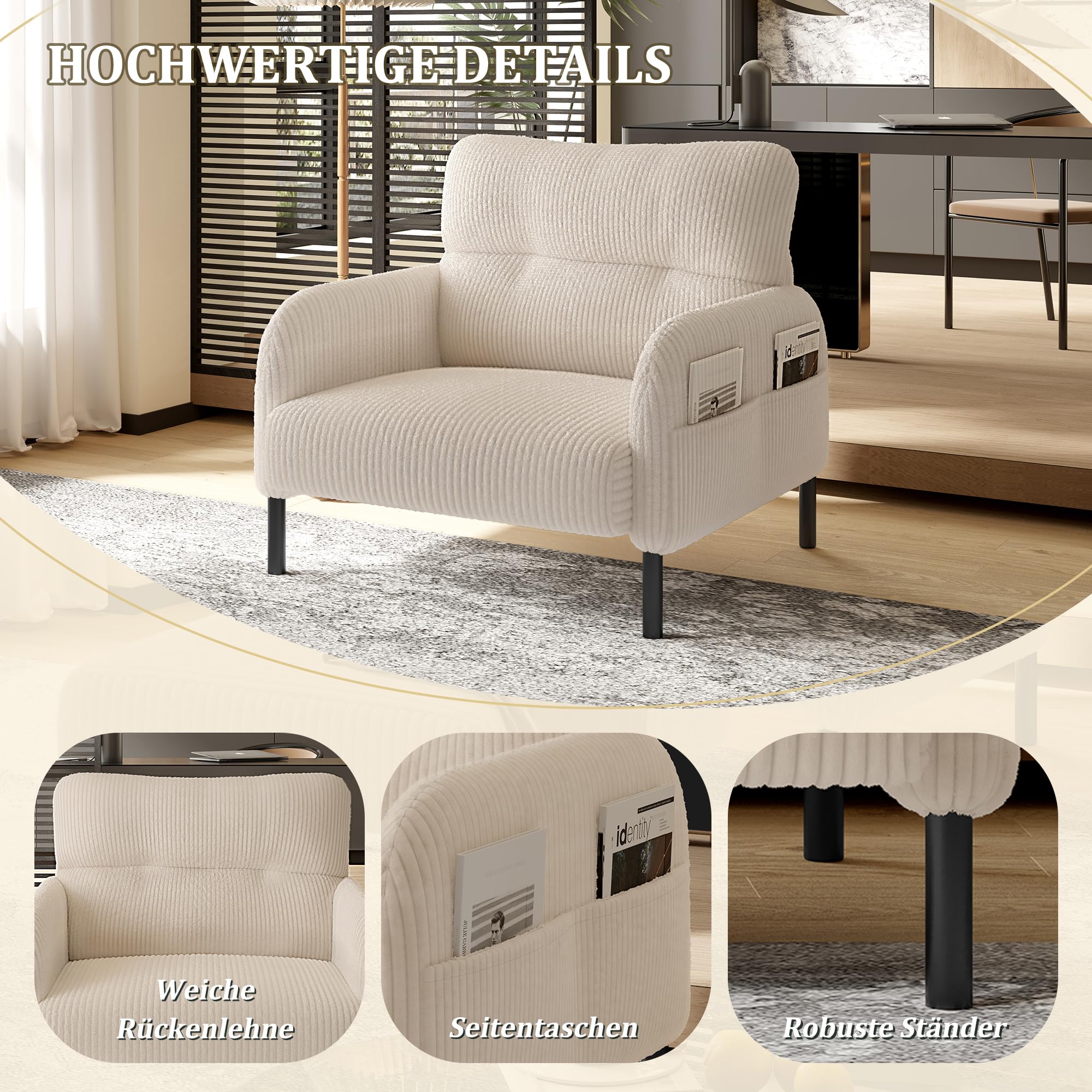 SACOOL Tela de terciopelo, cómoda profundidad del asiento, reposabrazos con bolsillos laterales en ambos lados, estructura sólida, adecuado para diferentes escenas, salón, dormitorio y estudio