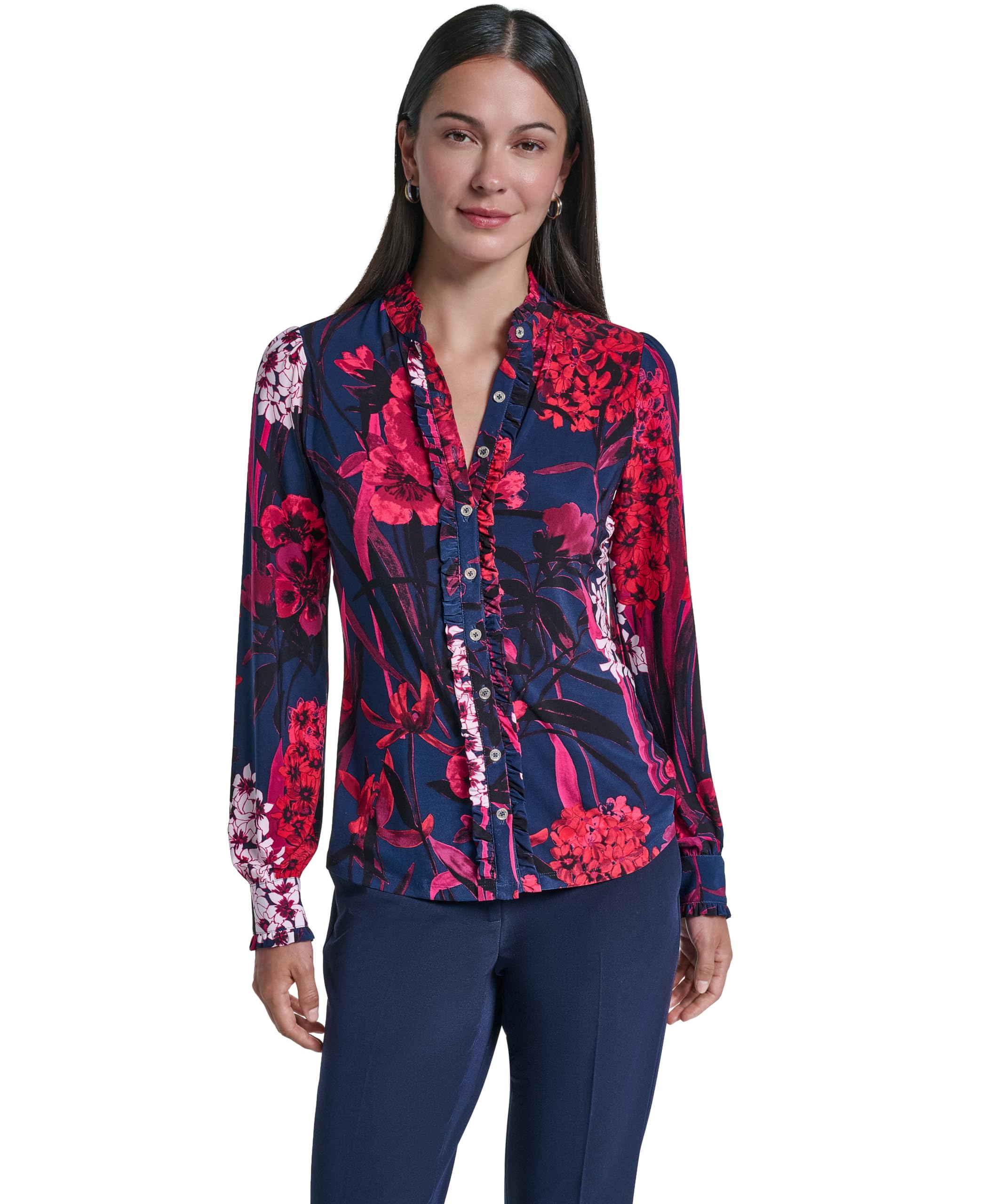 Women's Long Sleeve Button Up Ruffle Placket Blouse