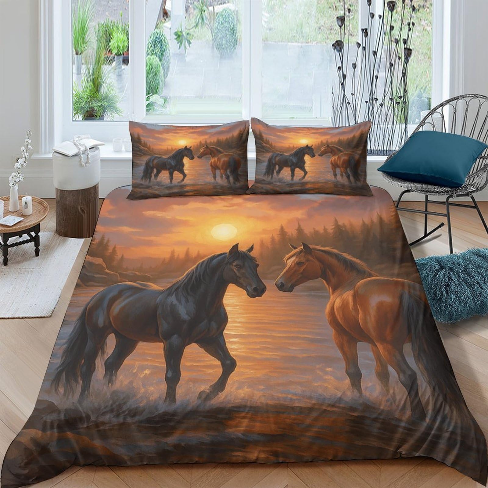 Ctjqhvkz Style-1 3D Printed Sunset Horse Fitted Sheet Microfiber Soft Breathable Forest Landscape Bed Sheet For Bedroom Guest Room Decor Single（135X200cm）