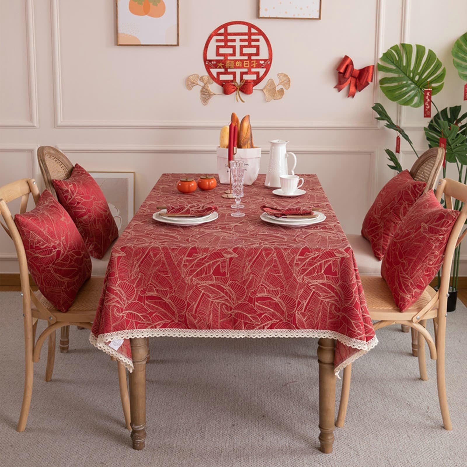 Nappe pour table de jardin carrée 140 x 140 lavable rouge jacquard