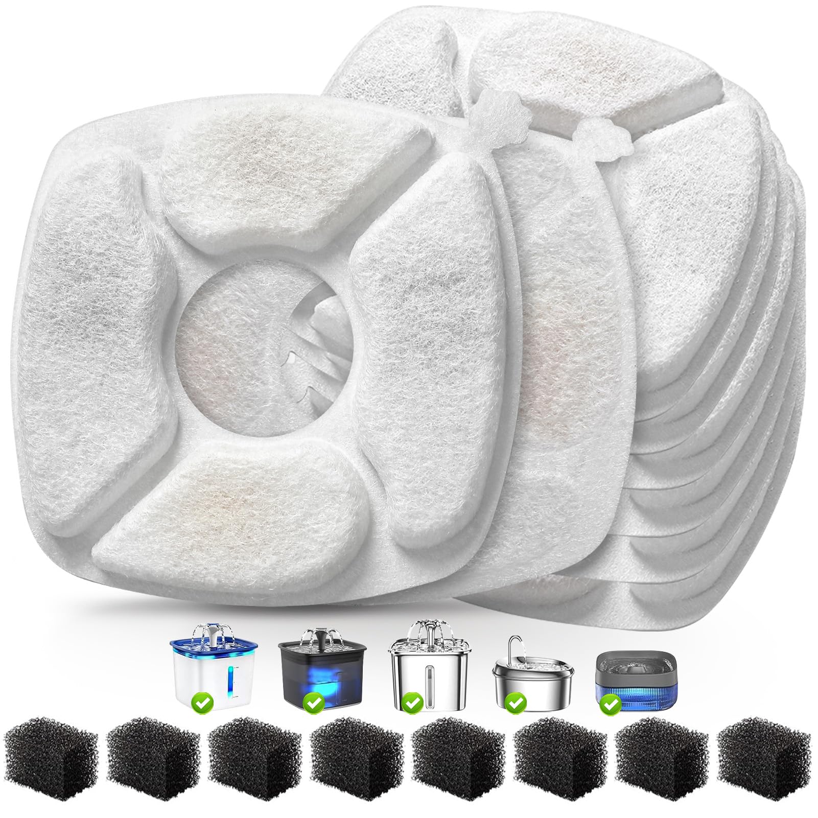 16 filtros de repuesto para fuente de agua para gatos, paquete de 8 filtros de fuente para gatos con 8 esponjas, compatibilidad mejorada para fuente de agua para mascotas de 94 onzas/2.8 L, 134 onzas