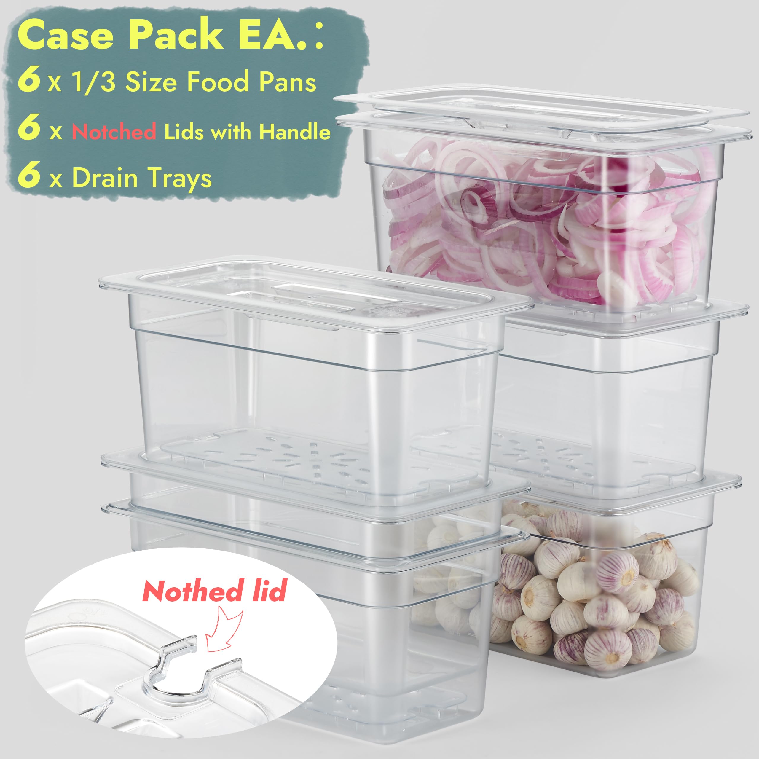 CURTA Confezione da 6 teglie per alimenti in policarbonato NSF da 1,3 cm, con coperchio dentellato e vassoio di scarico, lavabili in lavastoviglie e freezer, contenitori trasparenti per tavoli da