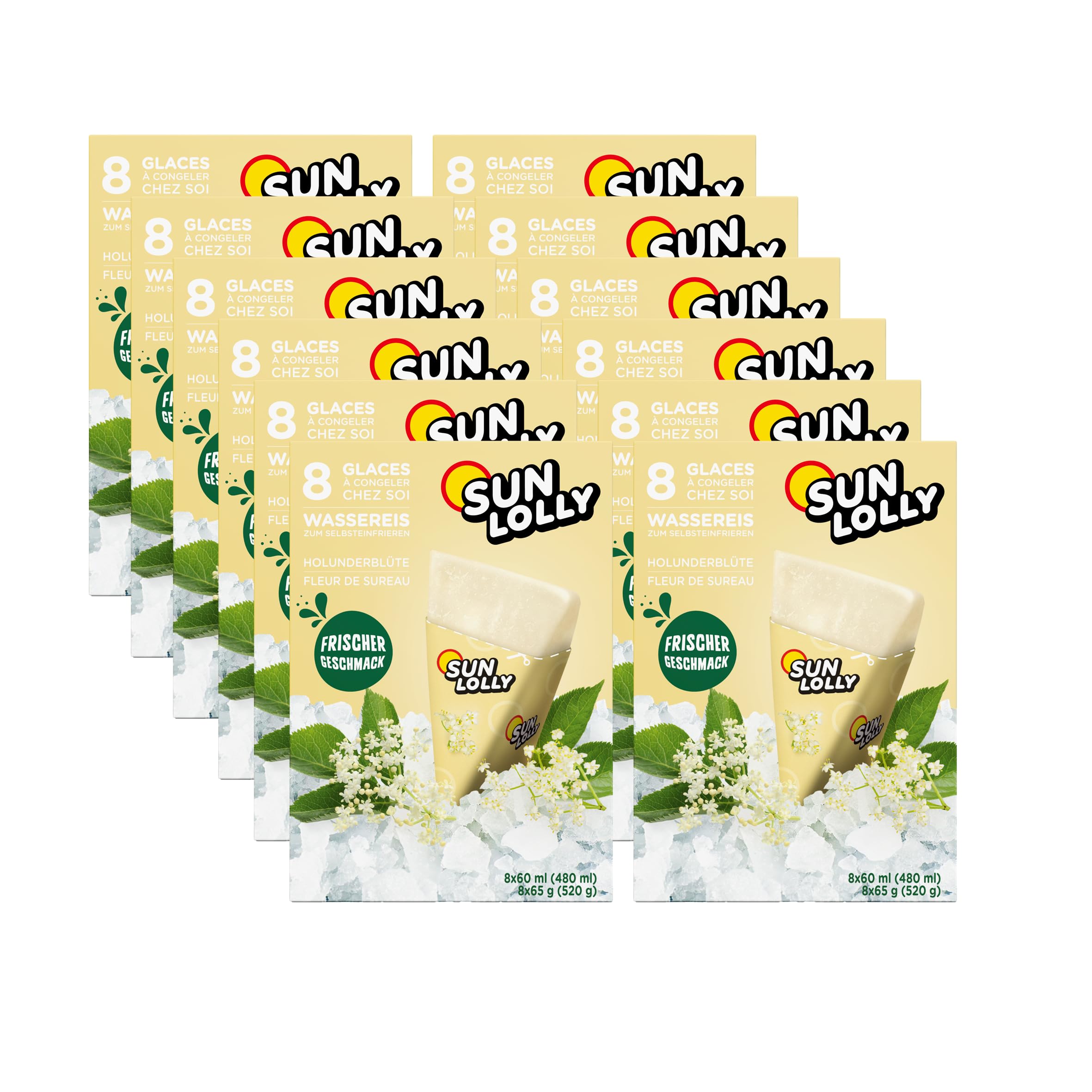 Sun Lolly Wassereis Holunderblüte 12 x 8 Stk | Vorratspack | Mit Fruchtsaft | Zum Selbsteinfrieren | Ohne künstliche Aromen | Frei von Süßungsmittel | Laktosefrei | Glutenfrei | 12 x 480 ml