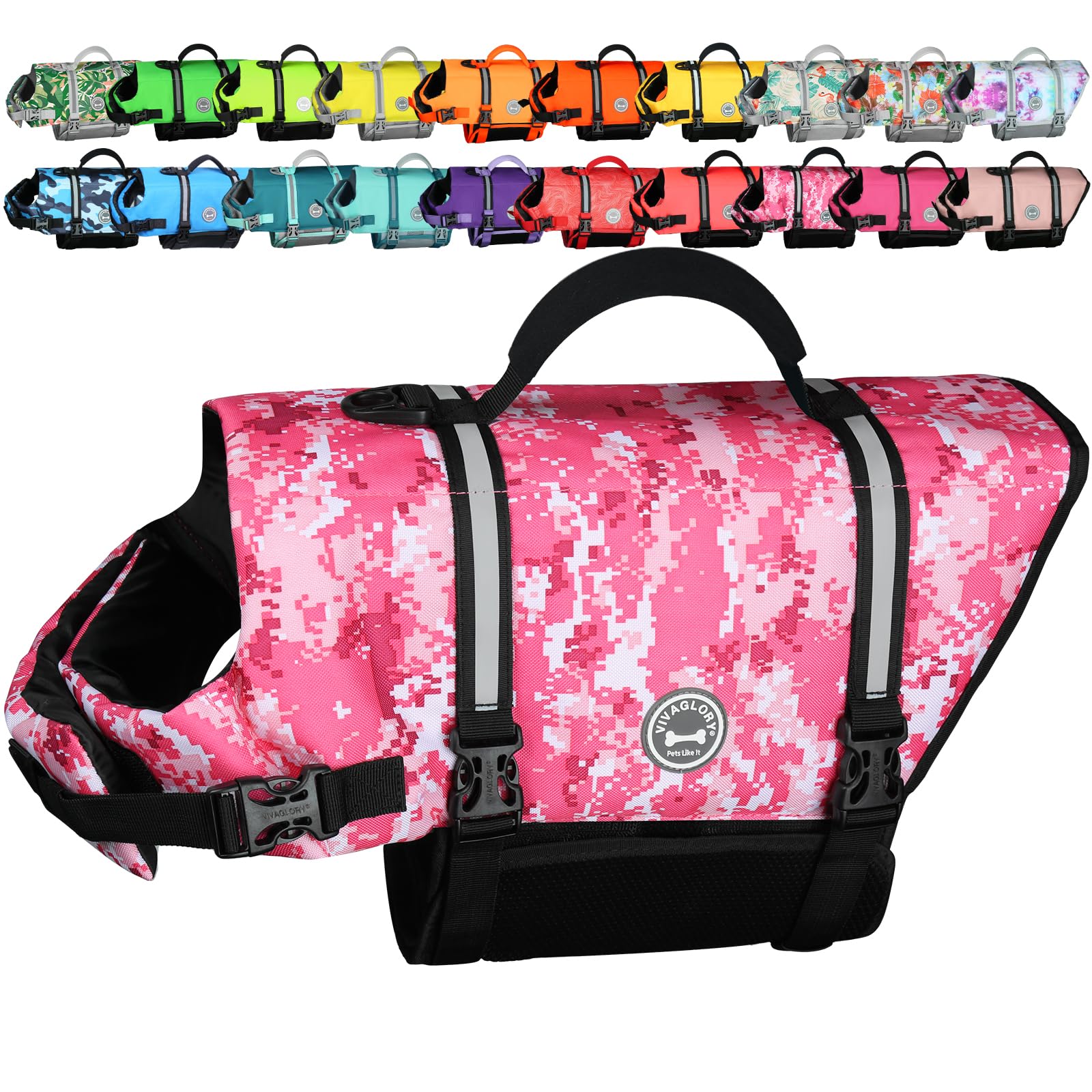 VIVAGLORY Rip Stop Dog Life Vest, Swimming Vest with Handle, Buoyancy for Doggy Puppy, Dog Life Jacket for Swimming & Boating, S, Camo Pink