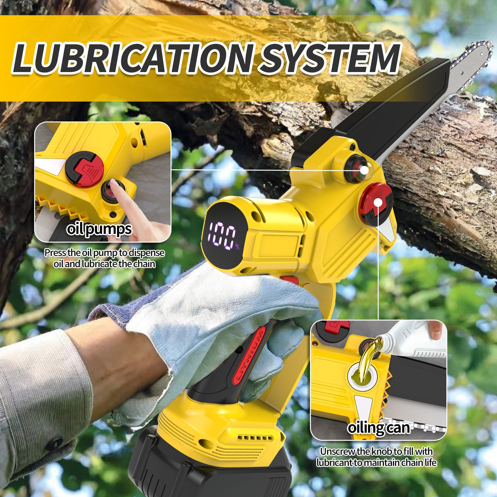 Motosega a Batteria per Potatura, 8 Pollici Mini Motosega a Batteria con 2 Batteria e Caricatore, con Pompetta Olio e Chiusure di Sicurezza A Destra e A Sinistra per il Taglio del Legno e Giardini