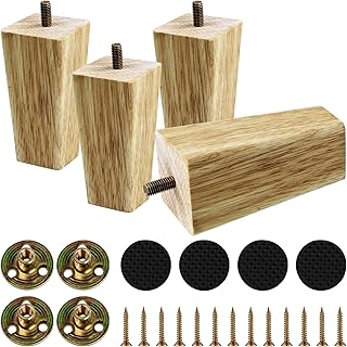 4PCS 4 Inch Solid Wood Furniture Legs, Square Wooden Sofa Couch Feet Leg Replacement for Desk Cabinet Bench Dresser Chair Bookcase Risers Parts, Log Stain