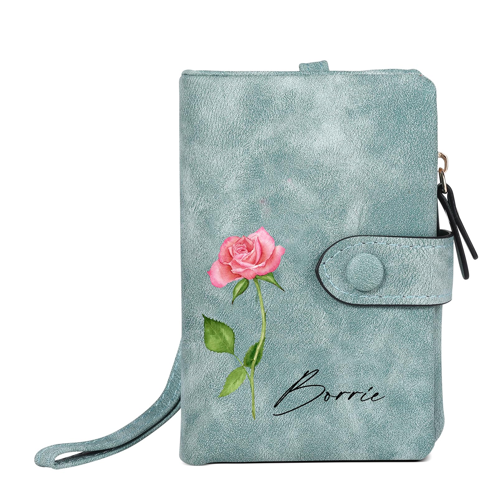 Edgahisme Personalized Birth Flower Wallet for Women Custom Wristlet Wallets with Name Small Leather Wallet Purse for Women Card Holder Wallet Gifts for Mom Grandma (Green)