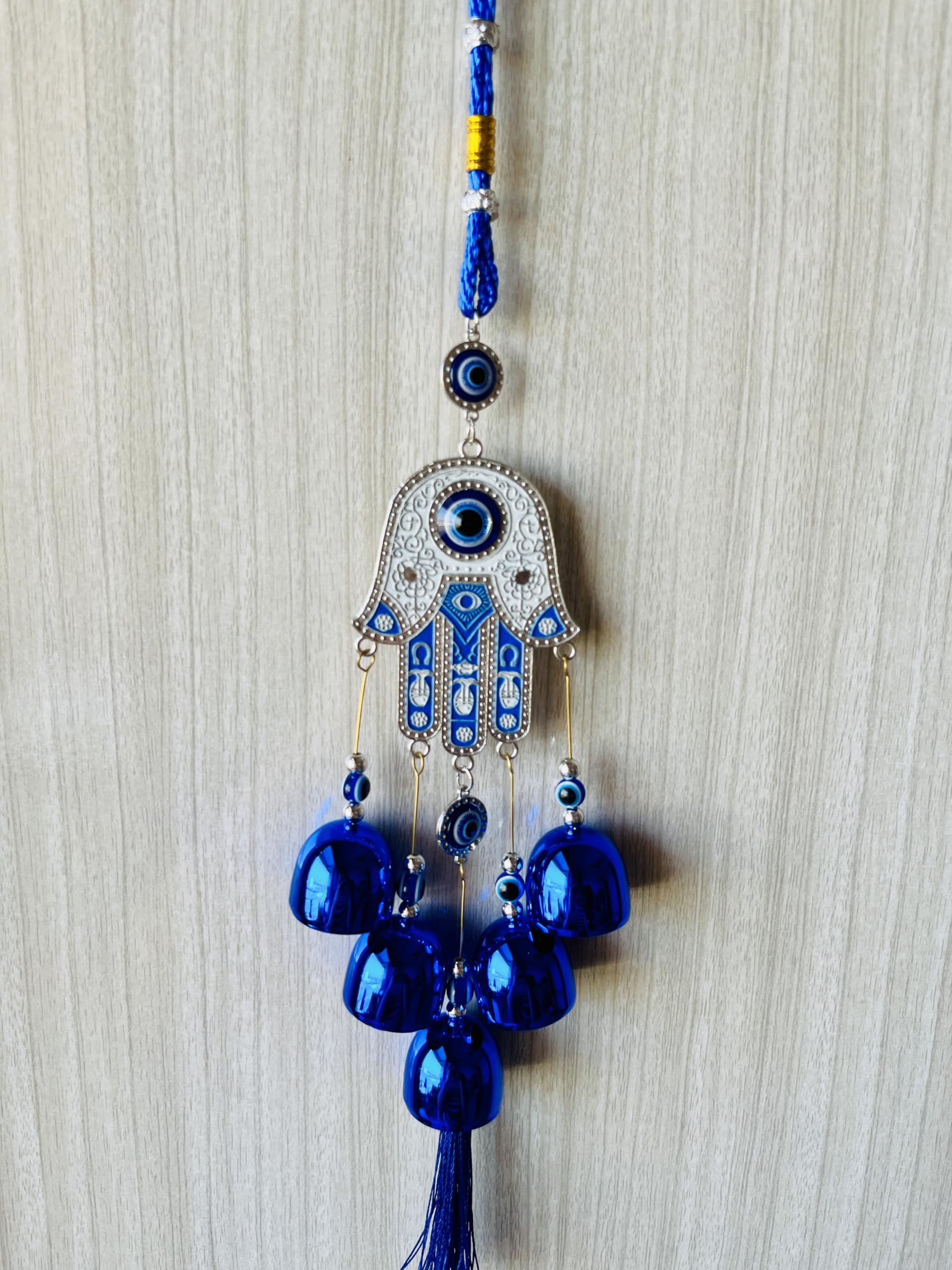 Stone Nazar Battu Evil Eye Hanging Wall Decor with Wind Chime Bells | Protection, Good Fortune, and Vastu for Home Decoration | Blue Evil Eye Amulet for Positivity and Prosperity (Design 7)-image-23