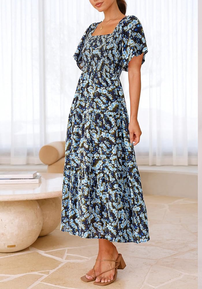 BTFBM Women's Clothing Wedding Guest Dresses Casual Boho Floral Short Sleeve Smocked Maxi Beach Spring Summer Dress 2026(Floral Blue Yellow, Small) at Amazon Women's Clothing store