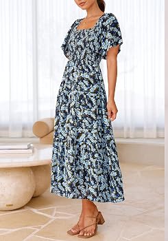 BTFBM Women's Clothing Wedding Guest Dresses Casual Boho Floral Short Sleeve Smocked Maxi Beach Spring Summer Dress 2026(Floral Blue Yellow, Small) at Amazon Women's Clothing store