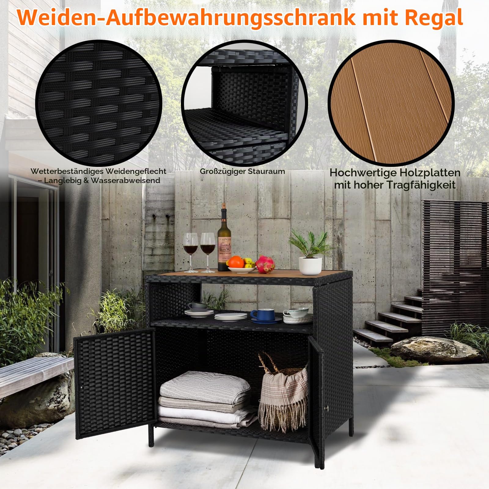 Terrassen Outdoor-Geflecht-Aufbewahrungsschrank mit Regal, pulverbeschichtetem Stahl, Bar-Tisch mit 2 Türen und Ablage, wetterfestes Kunststoffgeflecht, für Terrasse, Pool, Garten, Küche, braun Garten