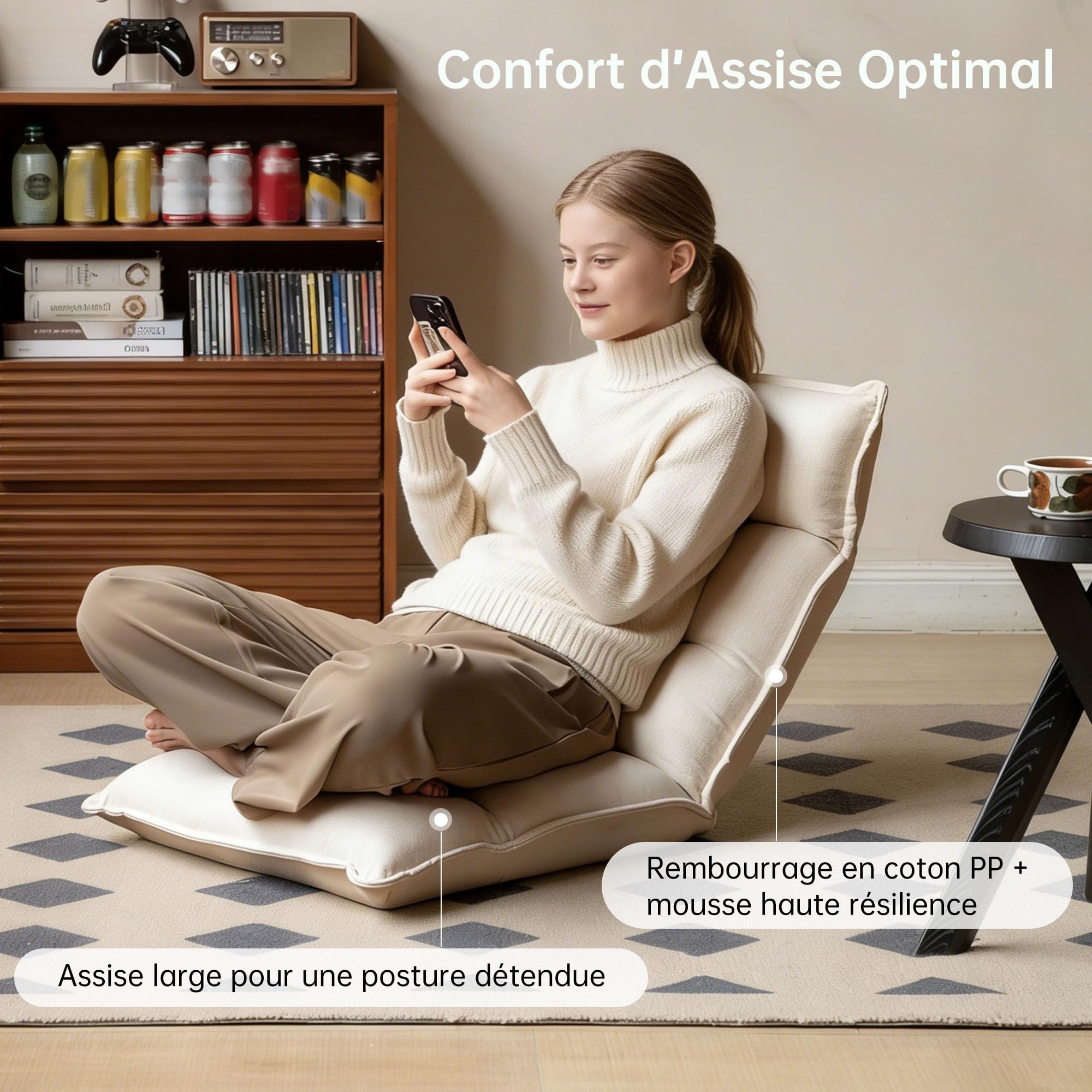 YESWOOD Fauteuil de Sol Réglable 42 Positions, Dossier 90°-180° avec Appui-Tête, Chaise de Sol Paresseux Pliable, Fauteuil Relax Confortable pour Salon, Chambre, Blanc
