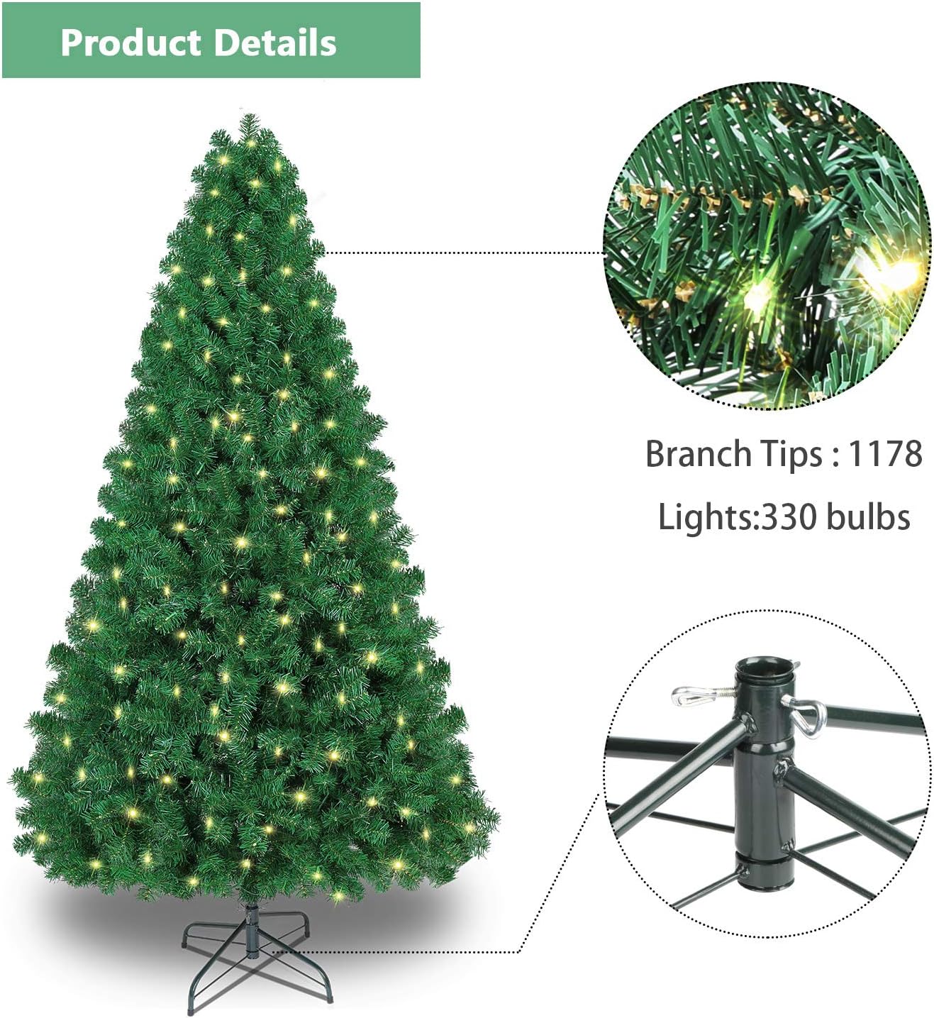 SHareconn 6.5ft Pre-lit Premium Artificial Christmas Tree, Xmas Tree with 330 Warm Lights, 1180 Branches & Metal Stand …