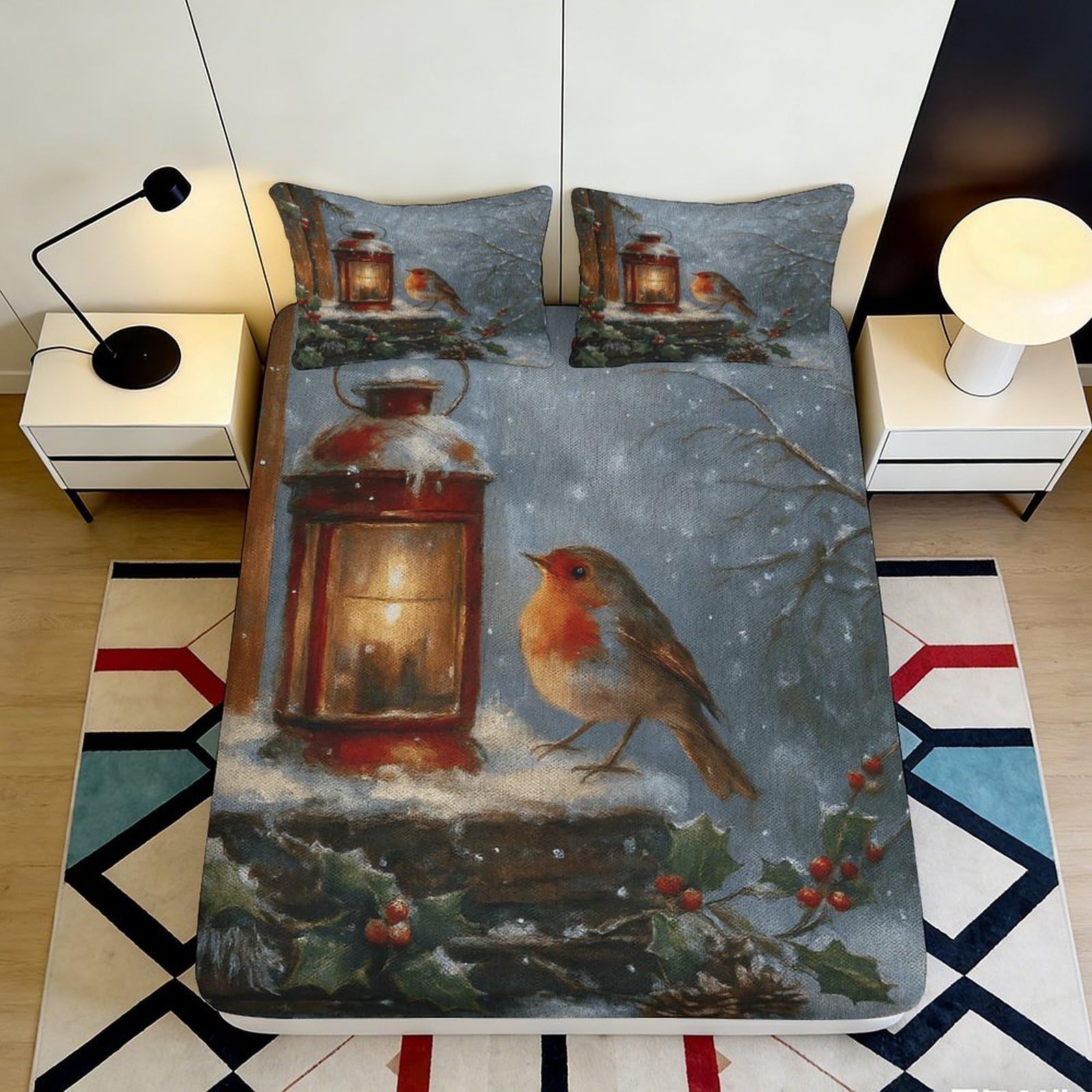 3D Printed Winter Bird Lantern Fitted Sheet Microfiber Deep Pocket Non-Slip Bedding Winter Bird Mattress Fitted Cover Elastic Hem Washable 200x200x25cm