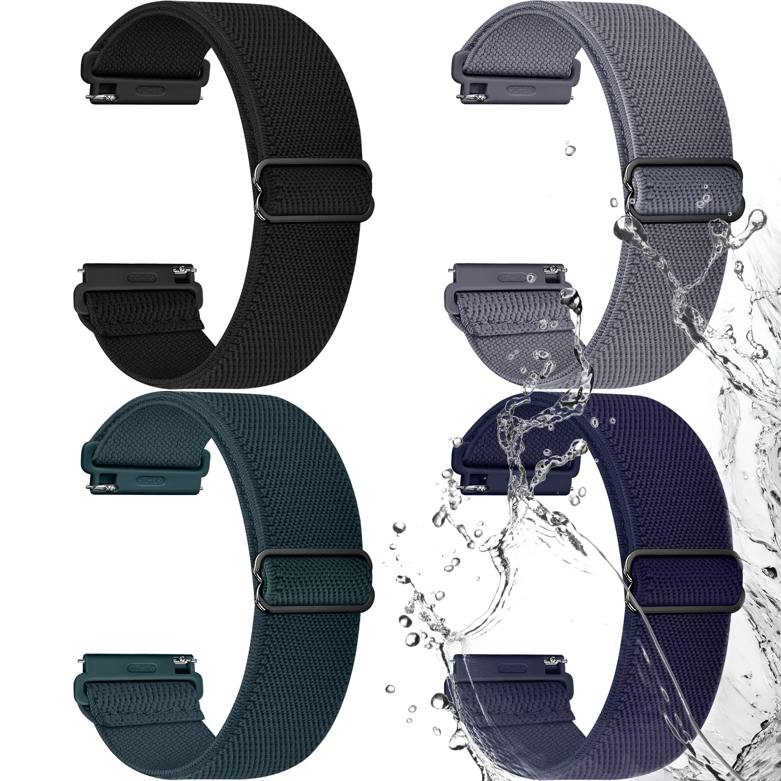 Fullmosa Water-resistant Quick Release Watch Bands 18mm 20mm 22mm 4 Pack Nylon Elastic Braided Watch Straps, Soft Adjustable Solo Loop Wristband for