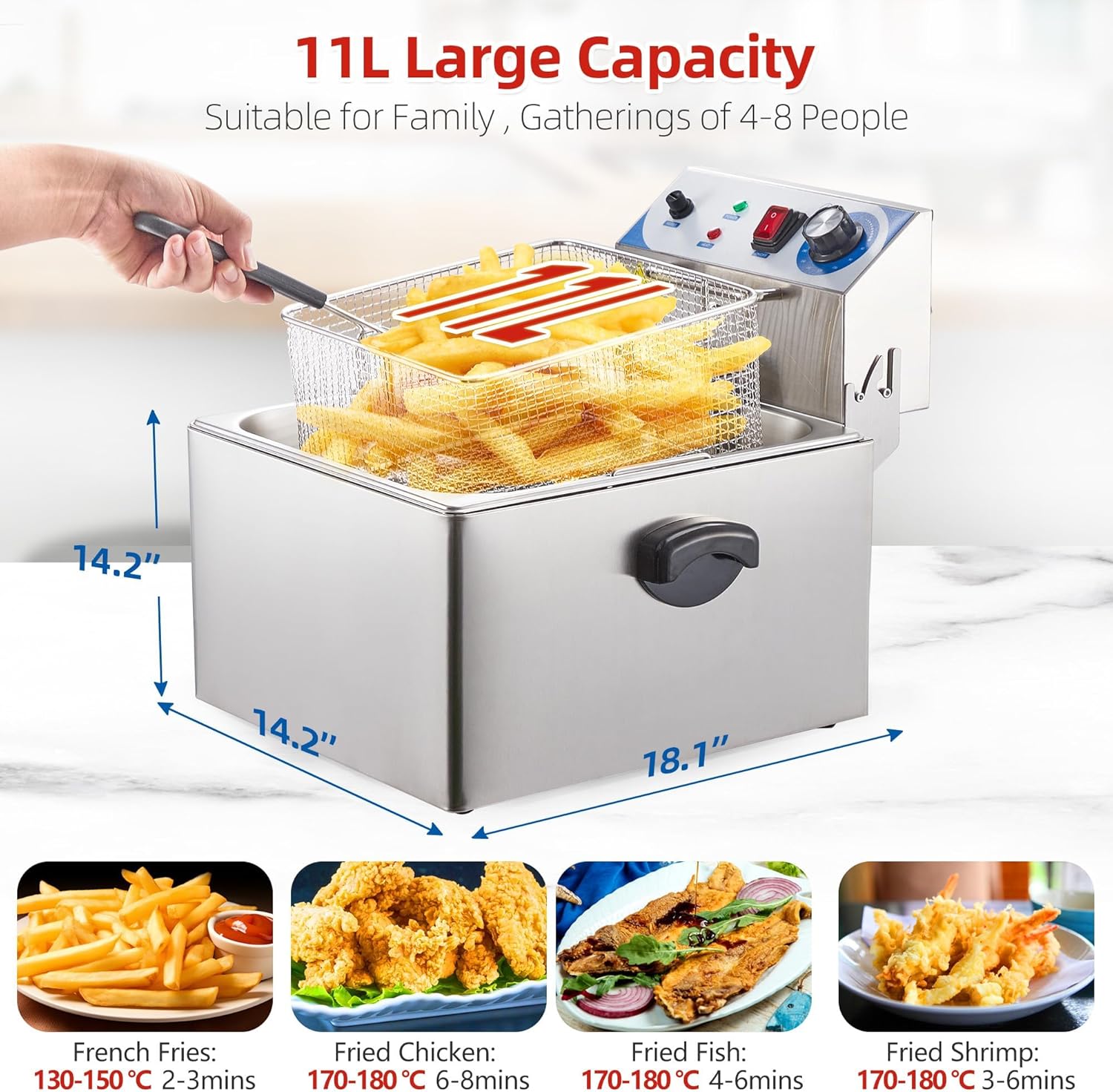 Commercial Deep Fryer with Basket, 11 L/10 QT Large Capacity Electric Deep Fryers, 0.6mm Thickened Stainless Steel Countertop Turkey Oil Fryer with Single Tank, Ideal for Commercial or Home Use