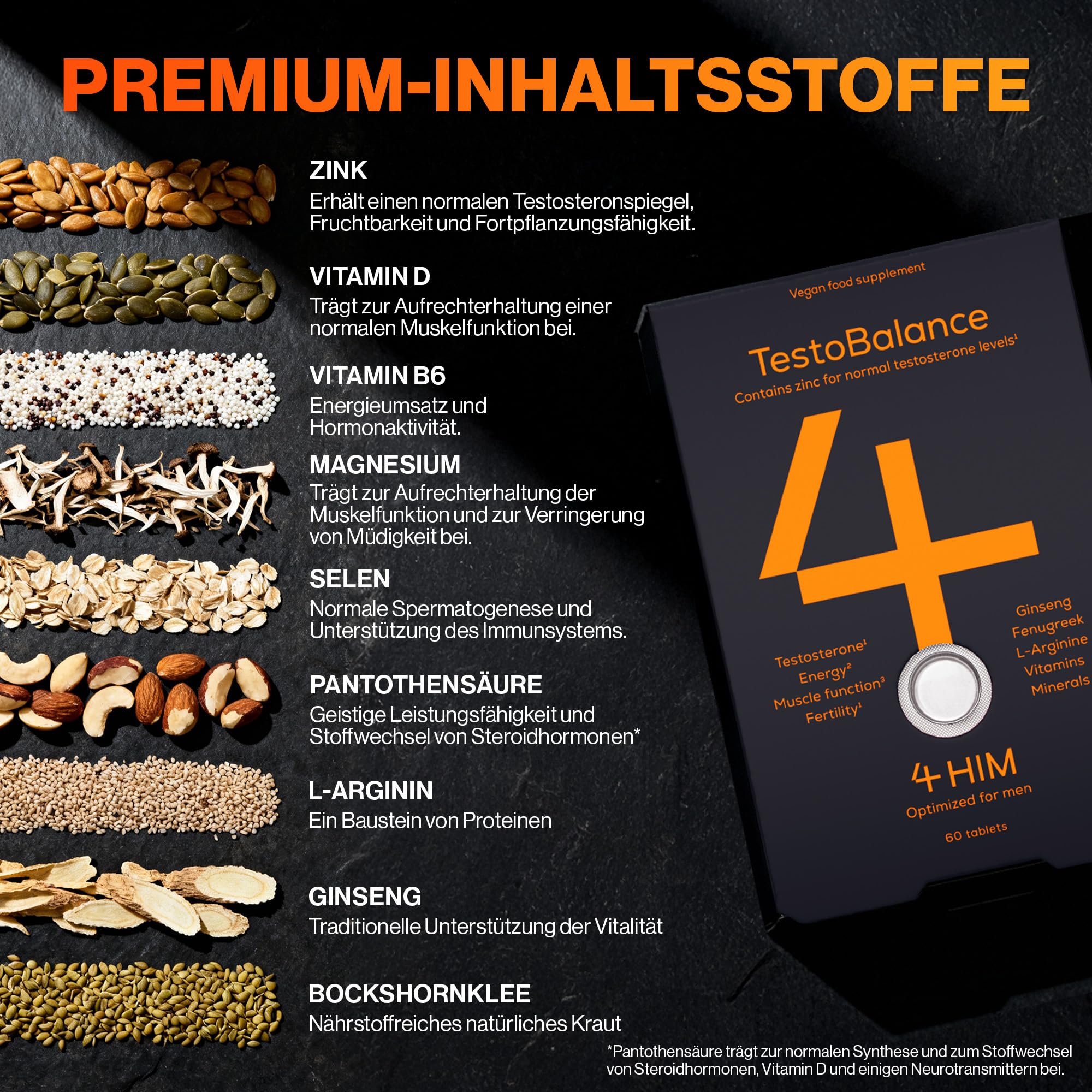 4 HIM TestoBalance Hochdosiert für Männer – ZMA, Ginseng & Bockshornklee – Zink für Testosteronspiegel – Magnesium, B6, L-Arginin & Selen – 60 Vegane Tabletten – GMP-Zertifiziert