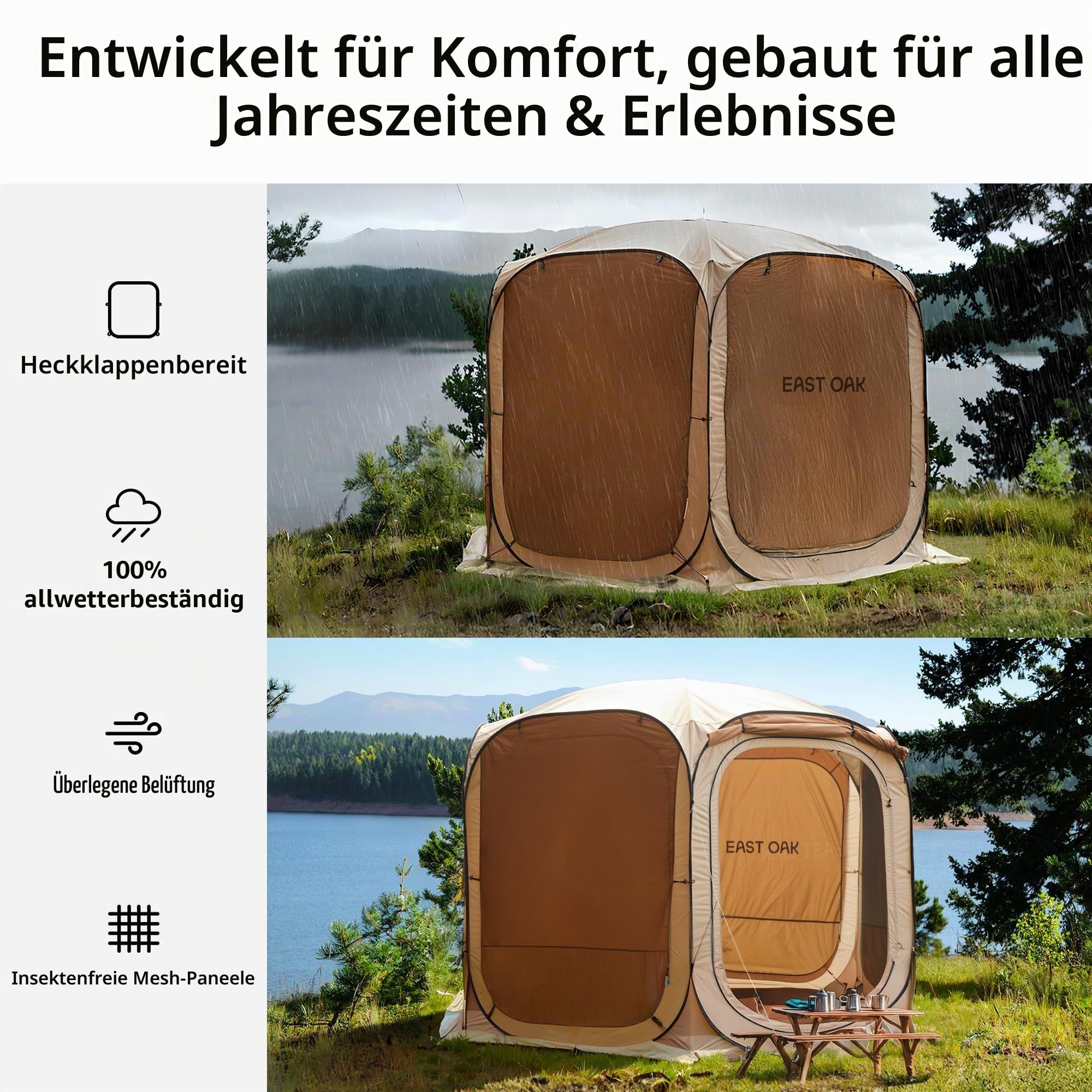 East Oak Pop-Up-Zelt mit Netz, 3,6 x 3,6 m, Outdoor-Sichtschutzhaus mit 4 Sonnenschirmen, sofortiger Überdachung mit tragbarer Tragetasche, Pavillon-Zelt für Camping, Terrasse und Strand, Beige
