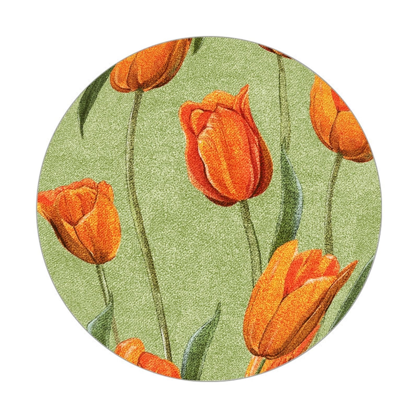 Tapis rond 90 cm fleurs oranges de haute qualité lavable