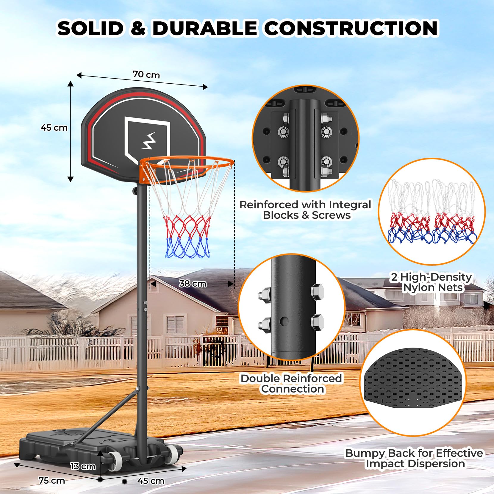 YOLEO Canestro Basket Esterno Bambini, Regolabile 160-210 cm, Canestro da Basket Net System su Ruote