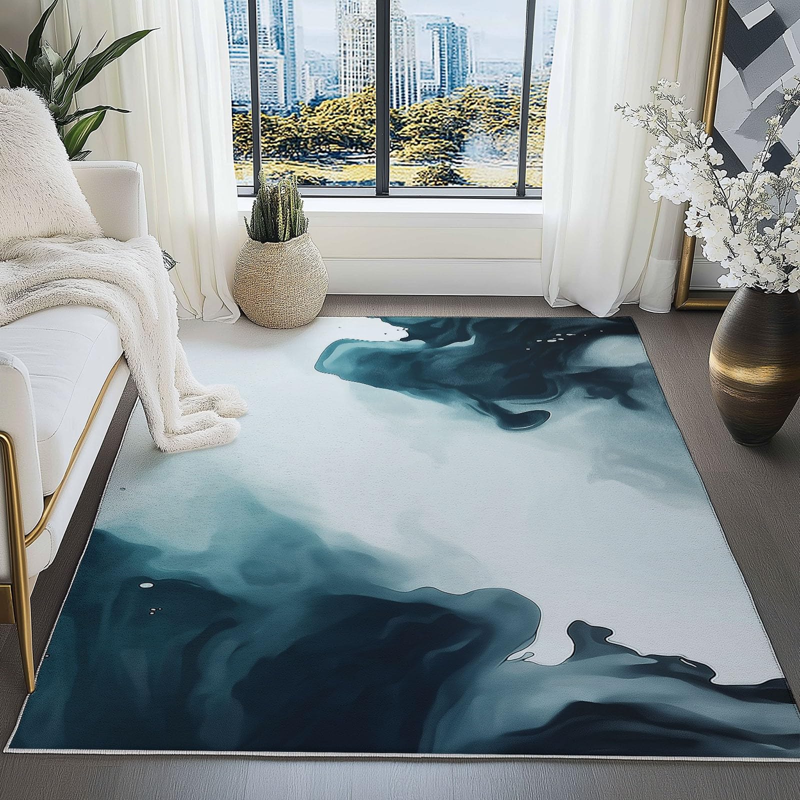 Grand Tapis Motif Aquarelle Abstraite Antidérapant Shaggy 80 x 150 cm Gris Bleu