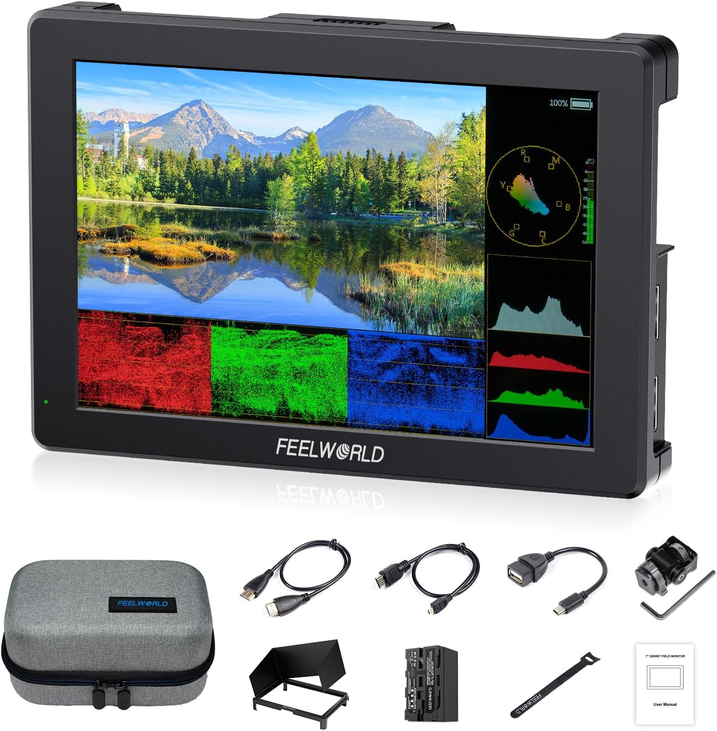 FEELWORLD T7 PRO 7 Inch 2000 nit DSLR Camera Field Monitor Ultra-Bright with Waveform, Vectorscope, False Color, Focus Peaking, HDR Preview & HDMI Loop-Out ， F750 4400mAh Battery and Bag