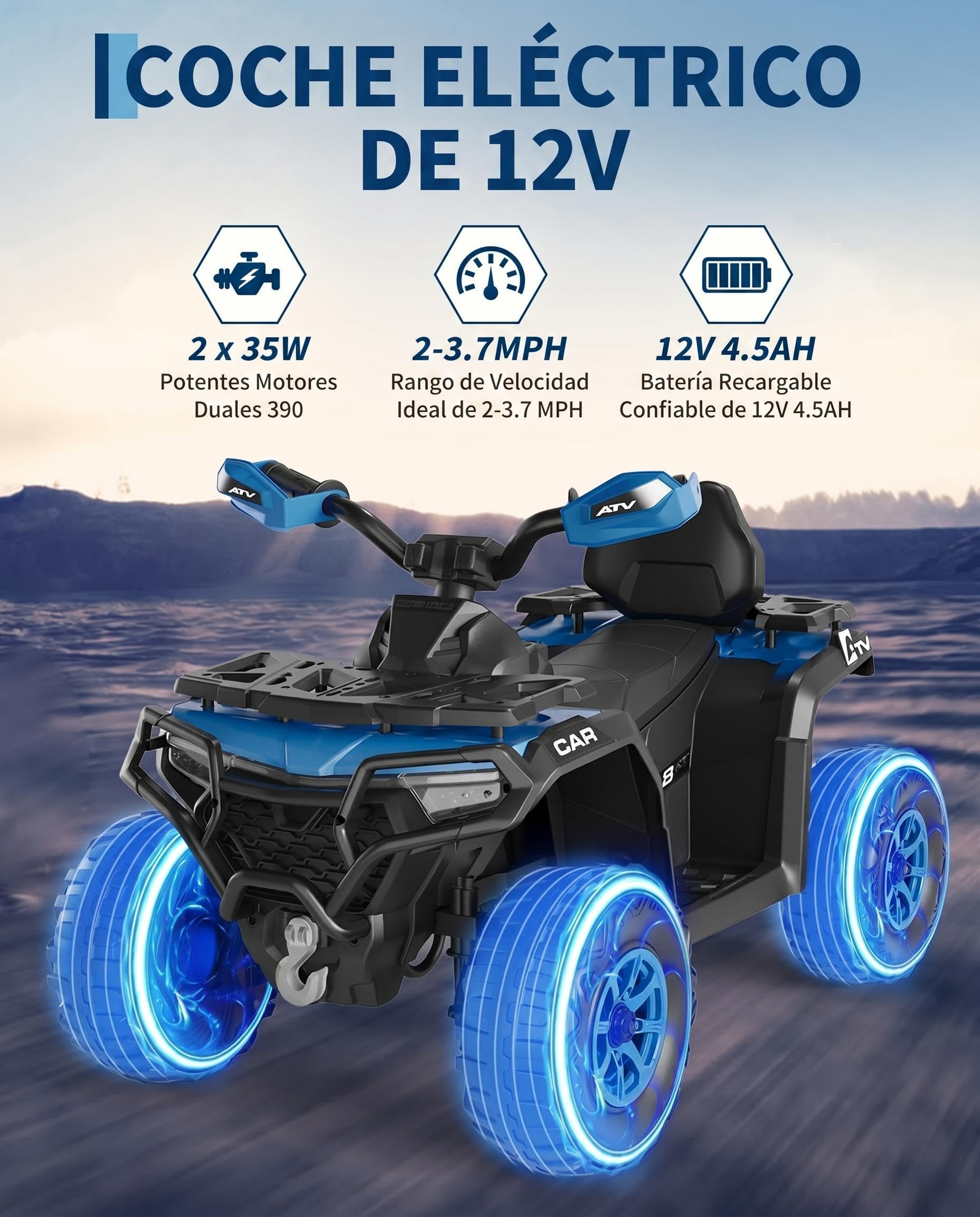 Garvee Quad Eléctrico Niño 12V, Coche Eléctrico 4 Ruedas Todoterreno con 2 Motores, Mando Parental, Azul Marino
