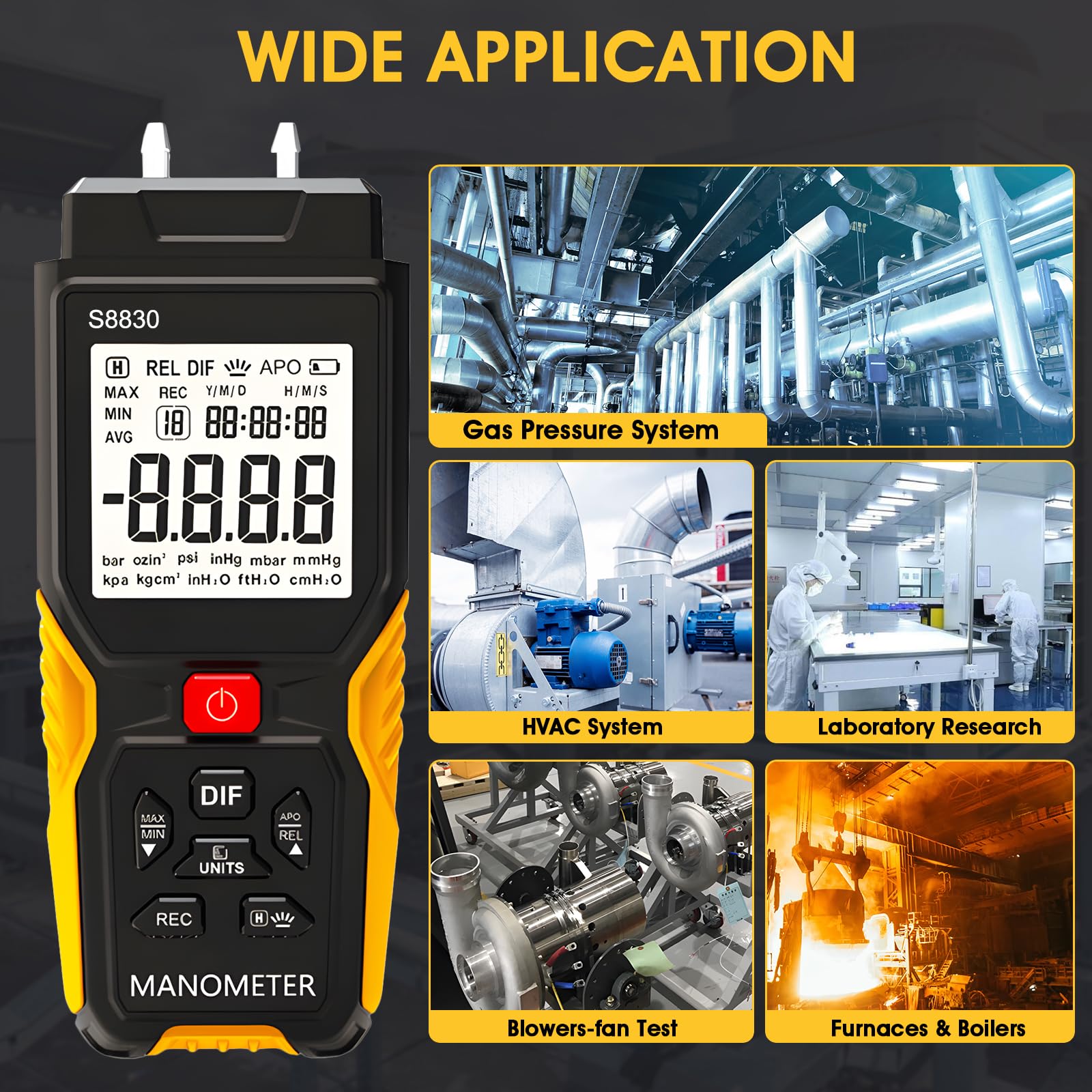 H HOLAPEAK Manómetro digital, ± 36,80 kPa, manómetro de gas HVAC para medir la presión diferencial de sobrepresión presión negativa, manómetro diferencial, 12 unidades seleccionables y 99 memorias de