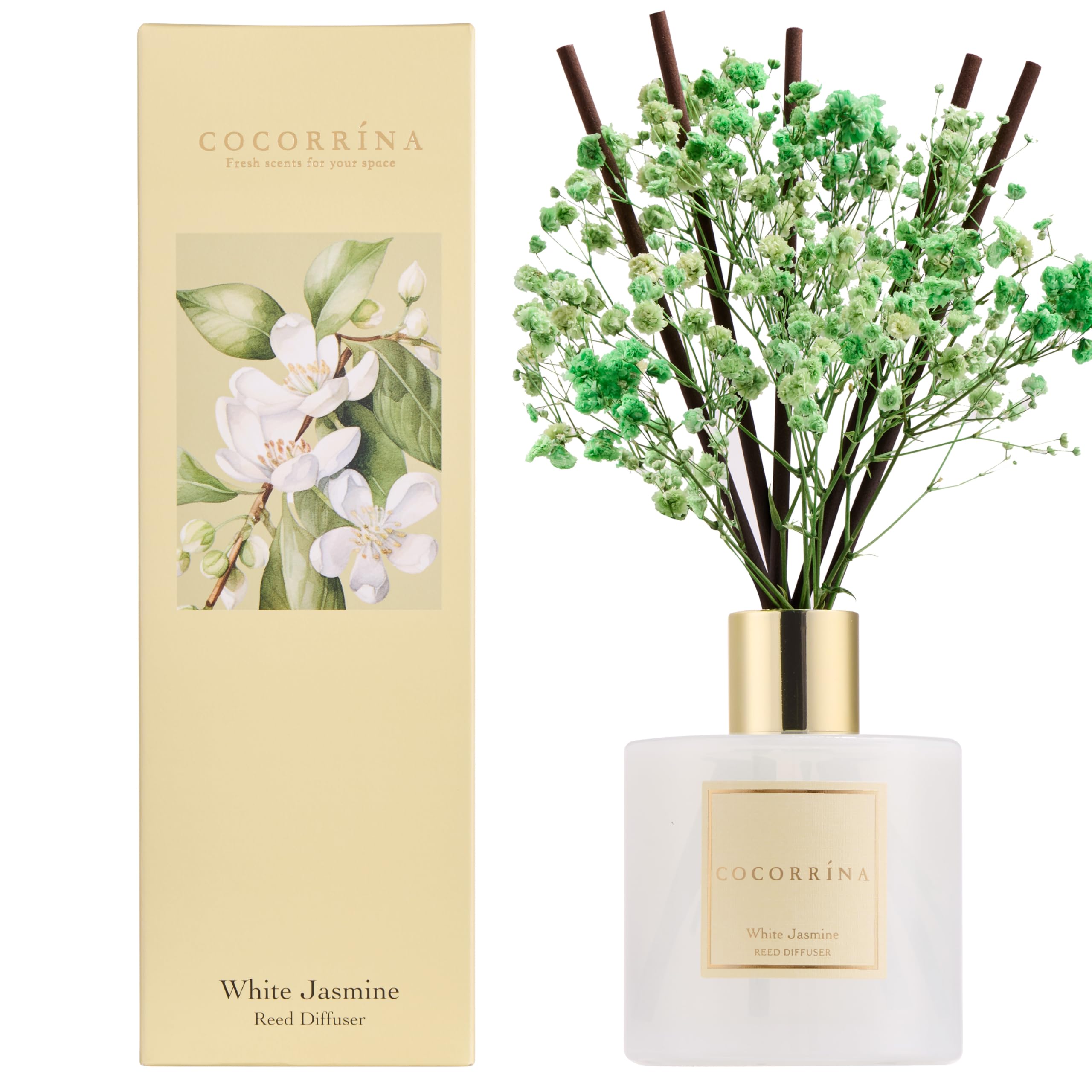 COCORRÍNA Reed Diffuser Set, 200ml White Jasmine Scented Diffuser with Sticks Home Fragrance for Bedroom Bathroom Living Room, Home & Office Decor — image 1