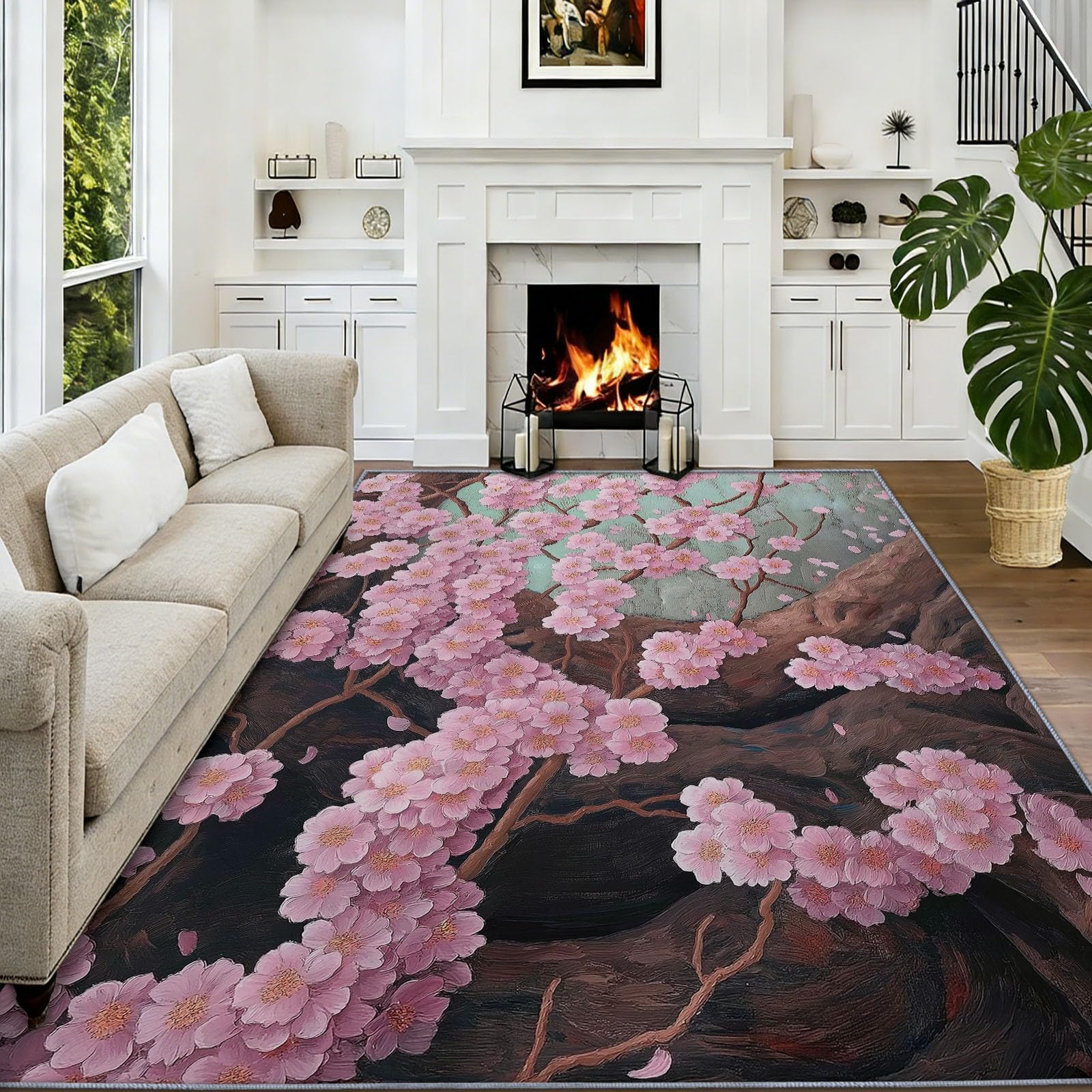 120 x 180 cm Dywan można prać w pralce Eleganckie gałązki rośliny wiśnia kwiat kwiatowy, antypoślizgowy, ultramiękki antypoślizgowy dywanik flanelowy do pokoju dziecięcego, salonu i łazienki - łatwy