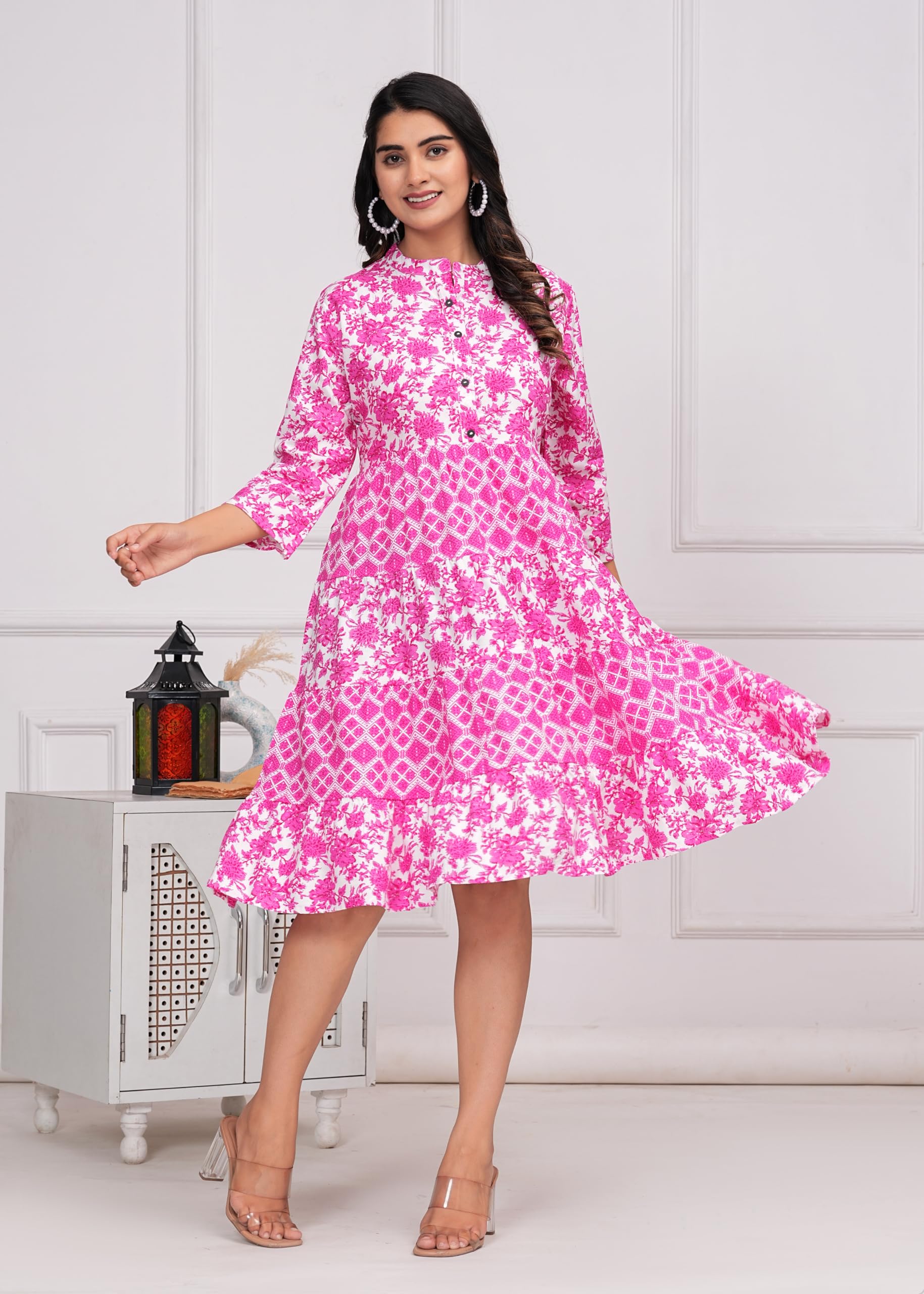 Jikonet Women's Western Dress | Midi Dress Summer Short Dresses For Women (Medium, Hot Pink)