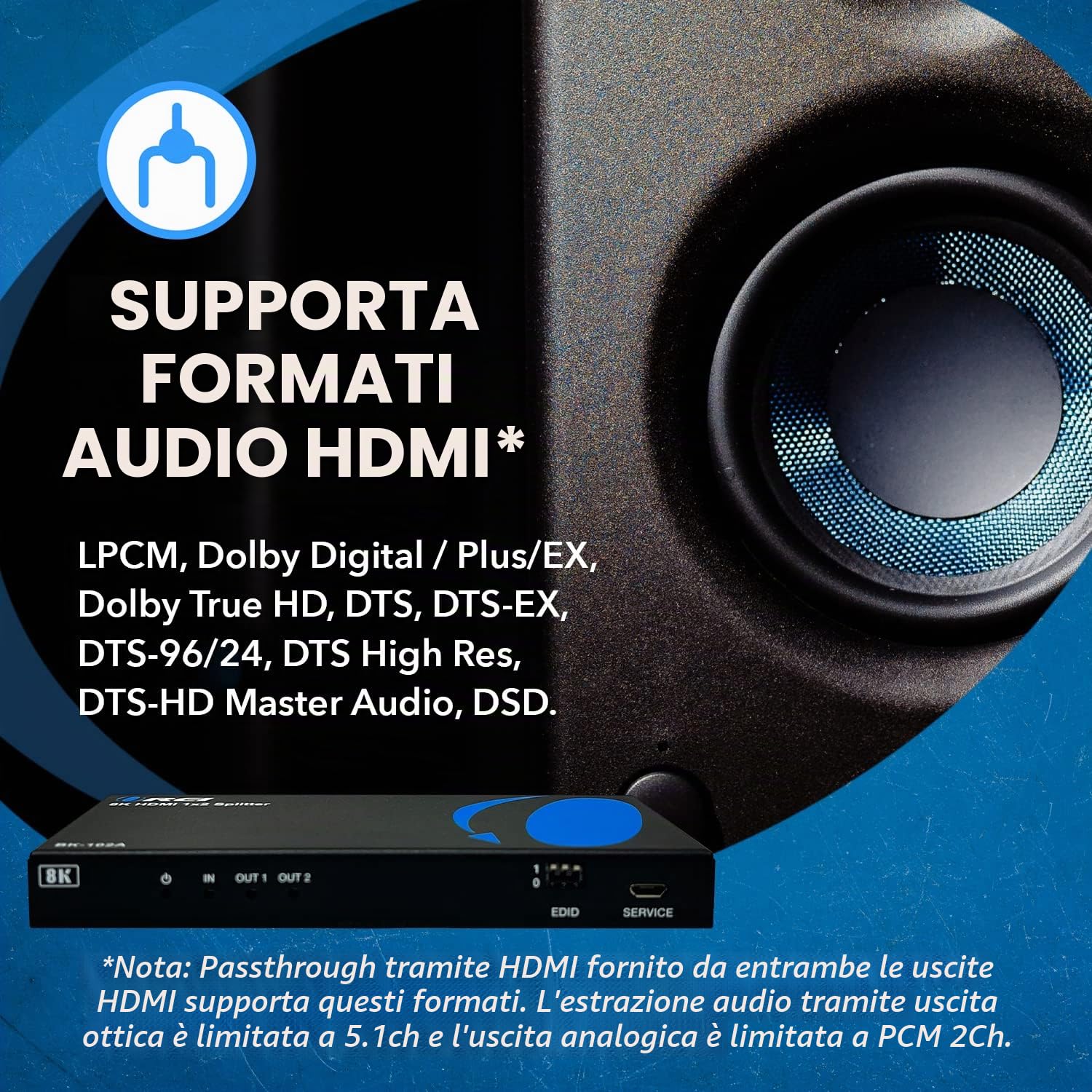 OREI Splitter HDMI 8K 1 x 2, duplicato con estrattore audio UltraHD supporta fino a 4K @ 120Hz IR EDID HDCP 2.3 - (BK-102A) (1x2 - Uscita audio)
