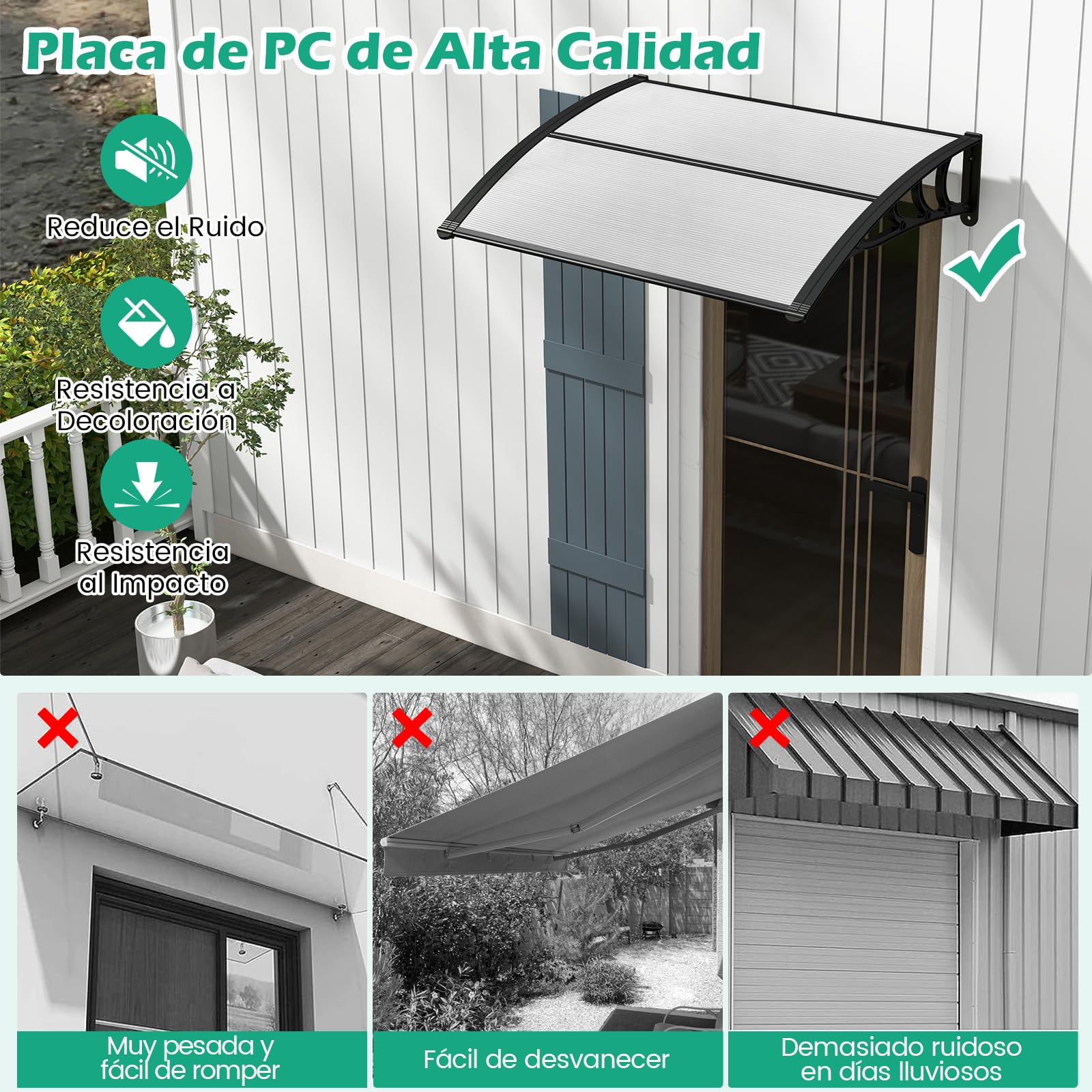 COSTWAY Marquesina Puerta Exterior 150 x 100 CM, Tejadillo de Protección Lluvia Nieve Viento Protección Solar, Tejadillo de Exterior (Gris, 150x100 cm)