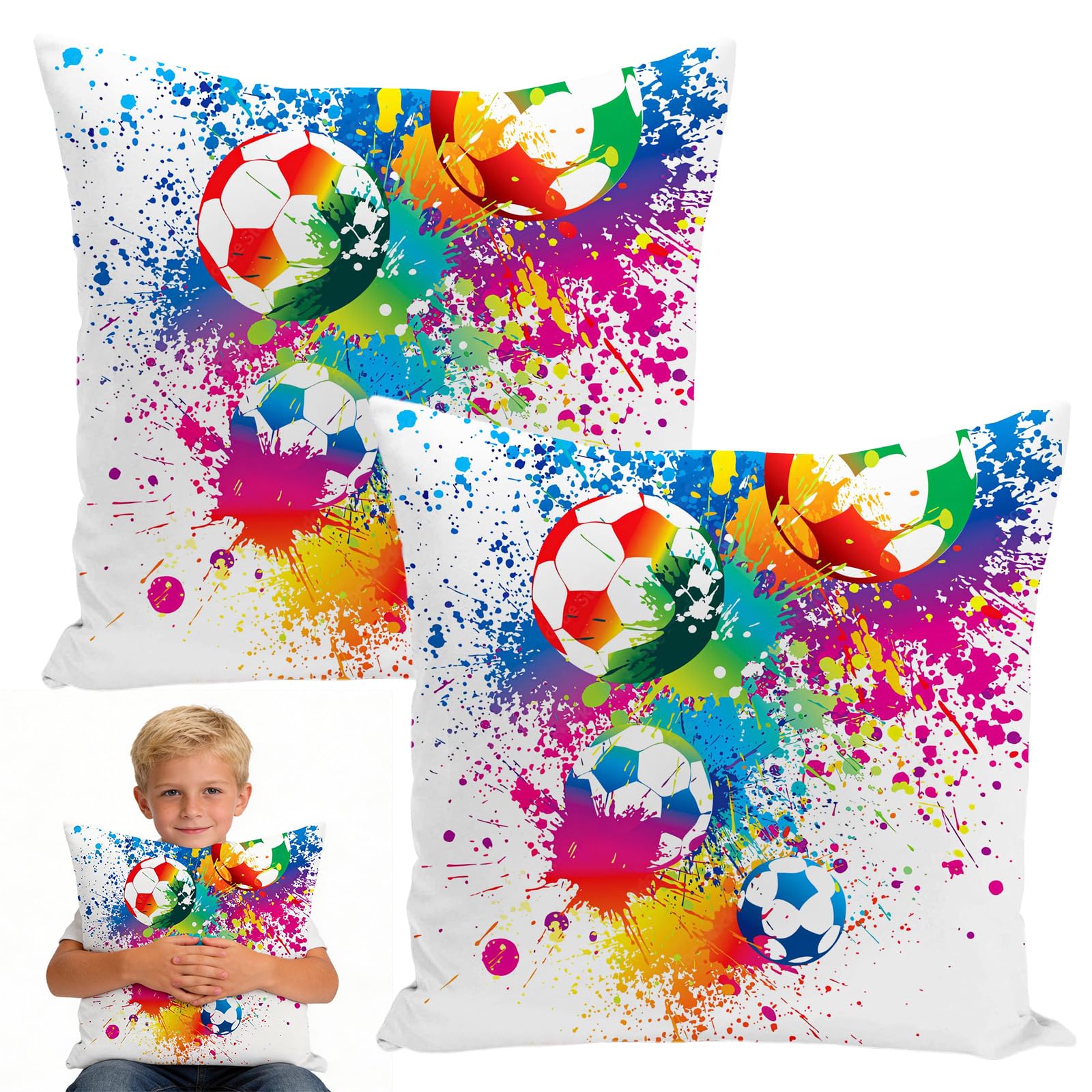 JYJLLM 2PCS 40x40cm Football Cushion Cover Set, Double Side Colorful Soccer Throw Pillow Case for Sofa Couch Living Room Bedroom Adult Fan Home Decor