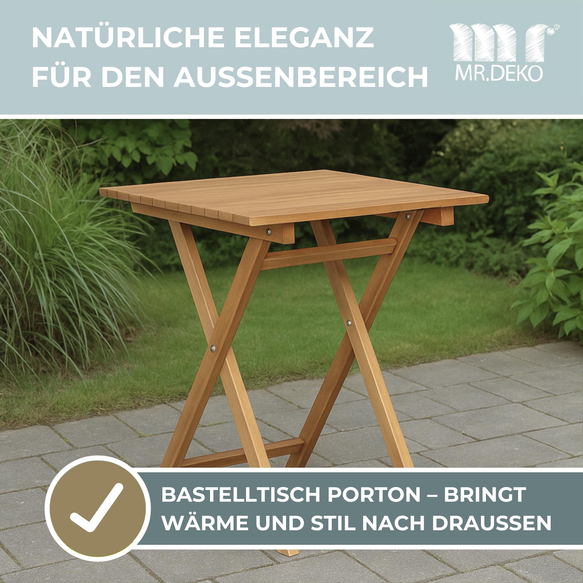 MR. DEKO Gartentisch Porton Teak Holz 60x60 cm | Balkontisch Wetterfest Massivholz | Outdoor Tisch Klein | Kleiner Gartentisch Holz | Terrassentisch Balkon | Gartentische Klappbar Teakholz