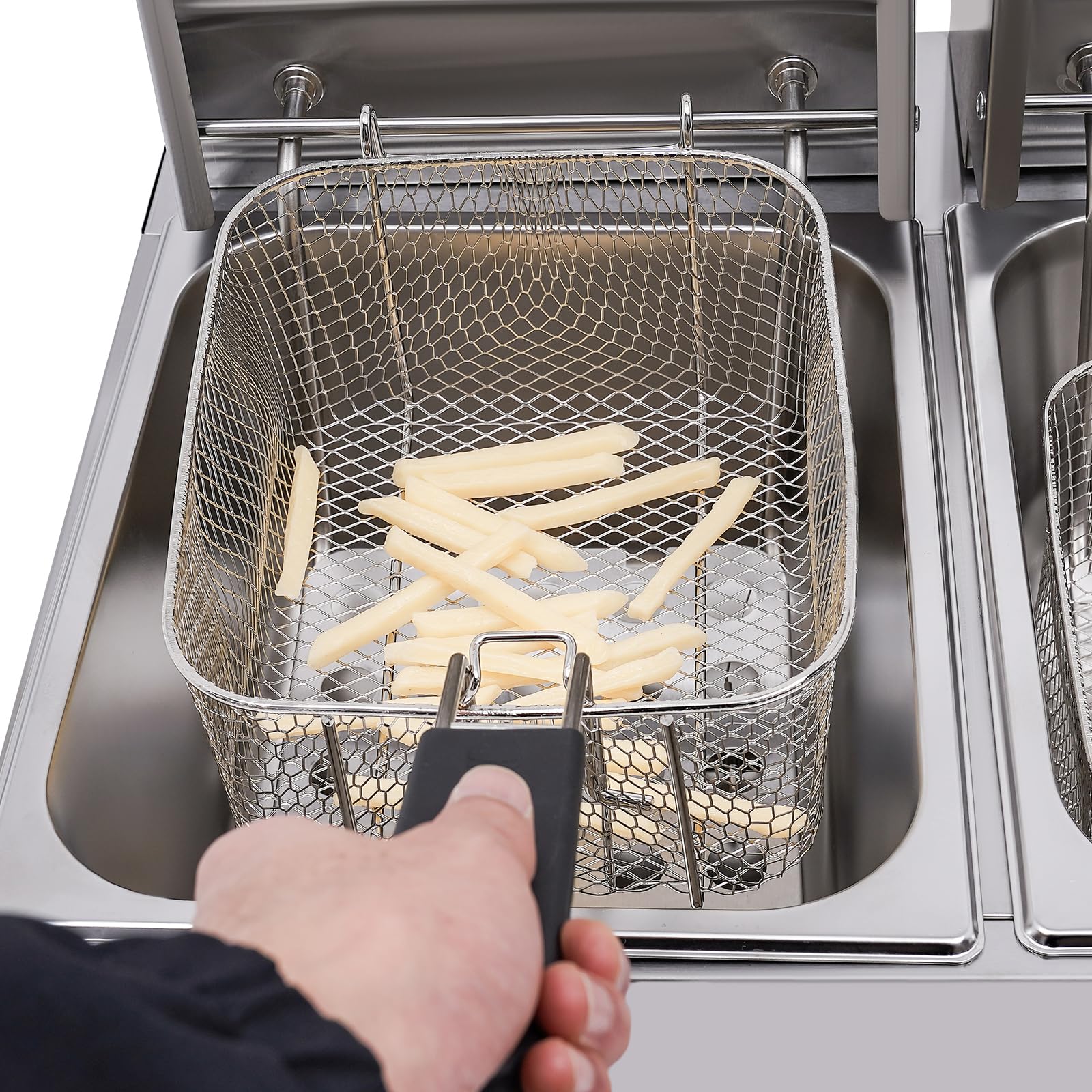 Freidora de acero inoxidable 12L, independiente, 3,2 kW, rango de temperatura de 140°F-392 F, 2 cestas para freír, apta para pollo, patatas fritas, ideal para restaurantes y comida rápida